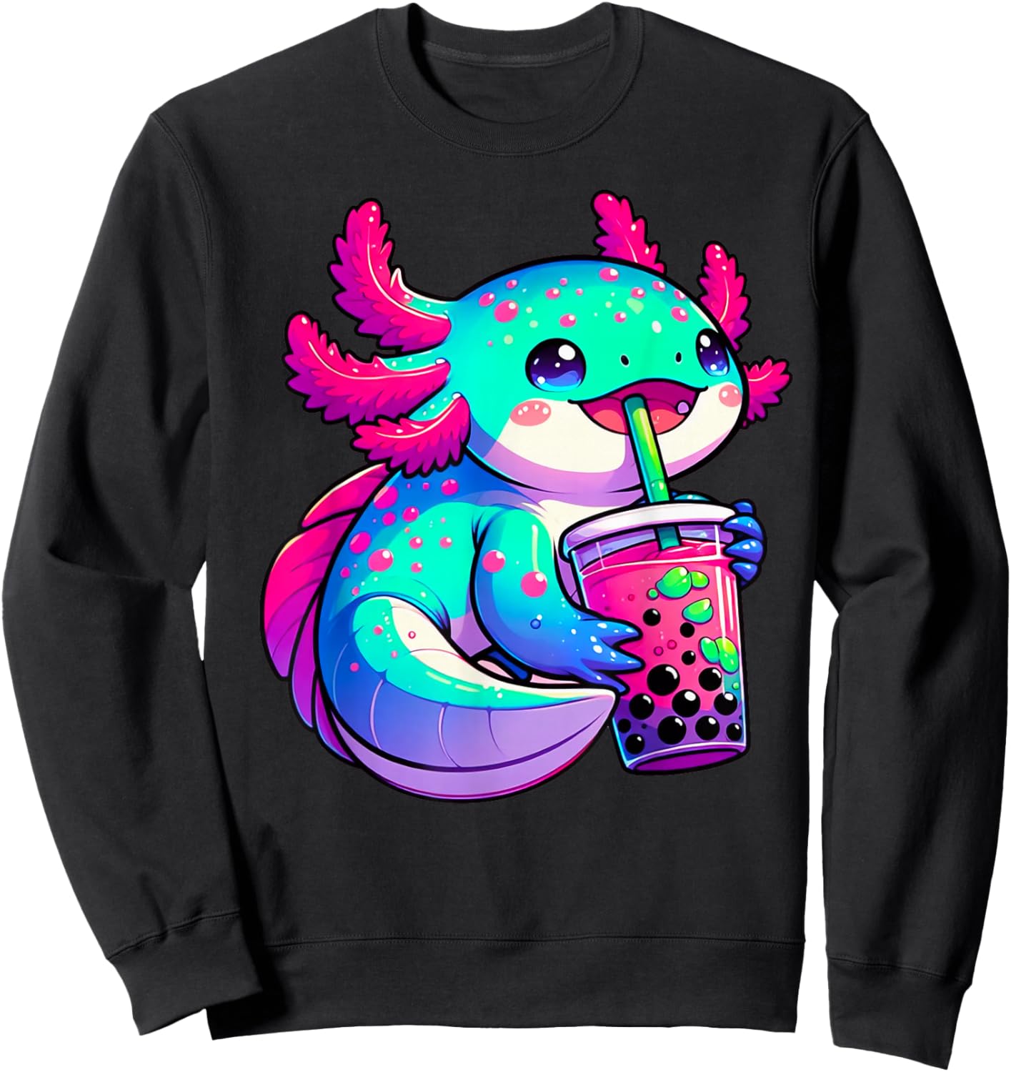 Axolotl Bubble Boba Tea Anime Cute Kawaii Blue Axolotl Sweatshirt - Sweatshirt | Black