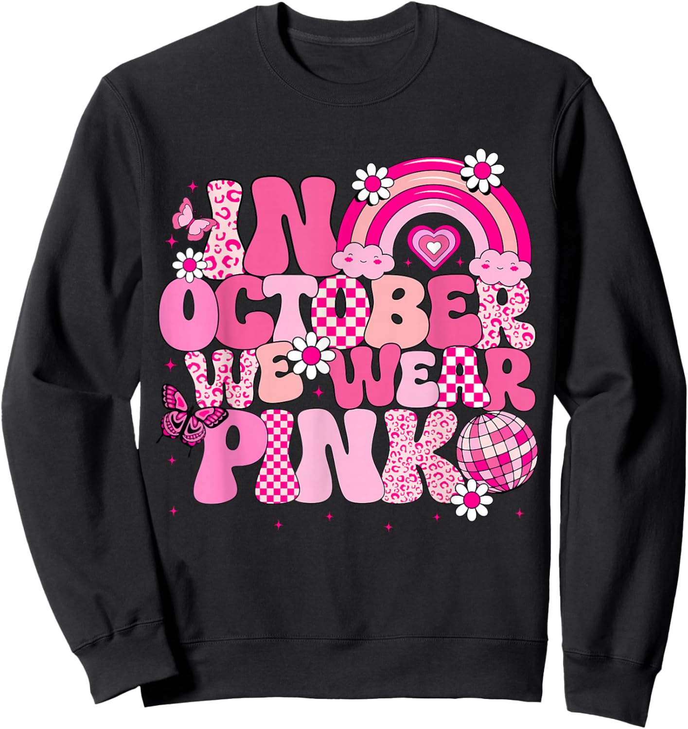 Groovy Breast Cancer Awareness In October We Wear Pink Kids Sweatshirt - Sweatshirt | Black