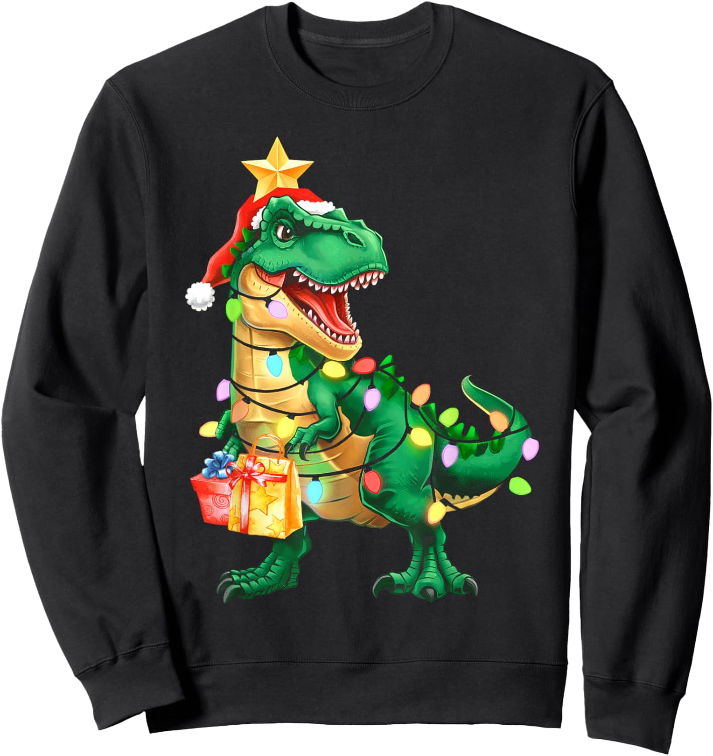 Christmas Shirts For Kids Xmas Tree Lights Dinosaur Boys Sweatshirt - Sweatshirt | Black