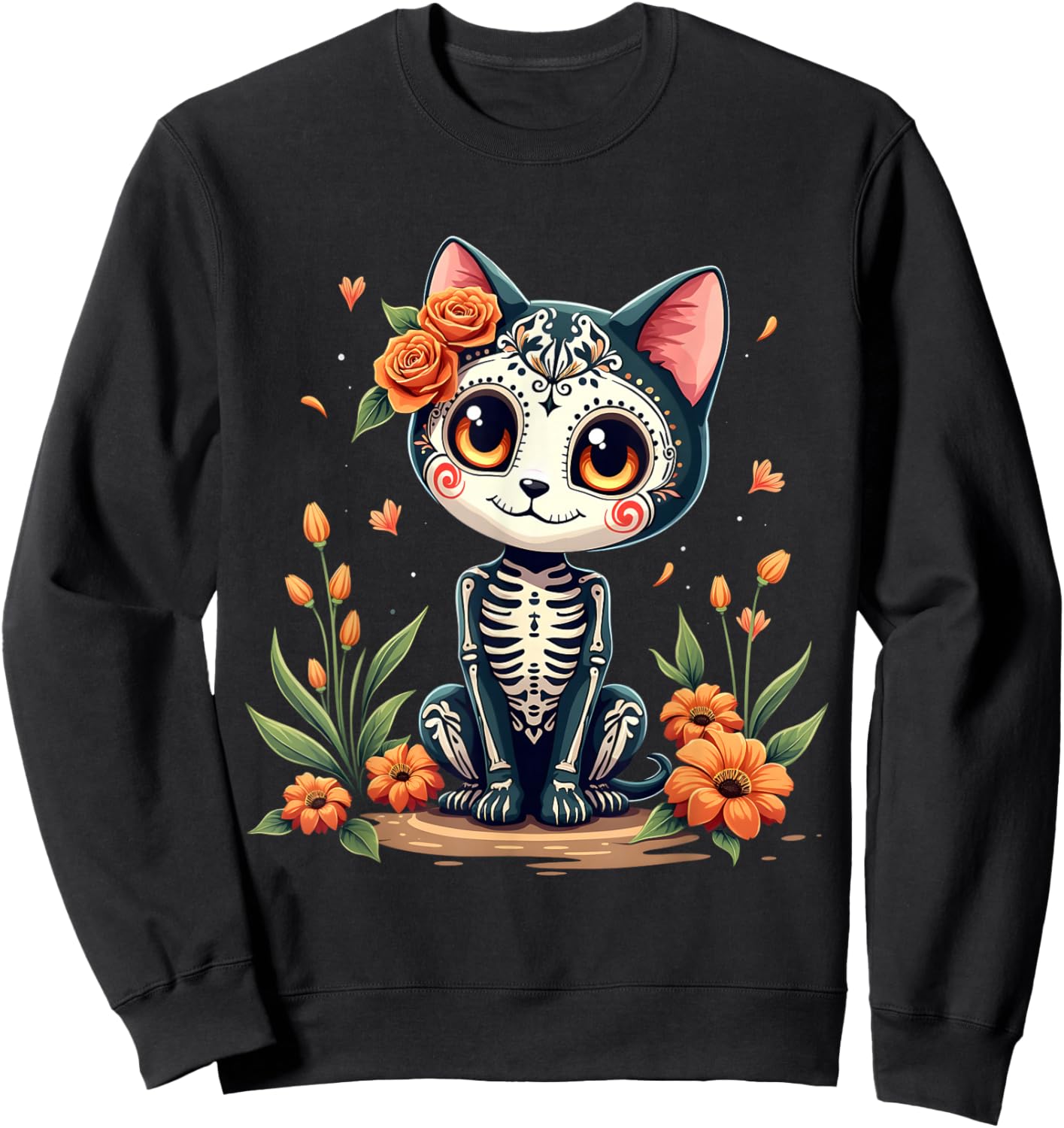 Colorful Sugar Skull Cat Mexican Halloween Sweatshirt - Sweatshirt | Black