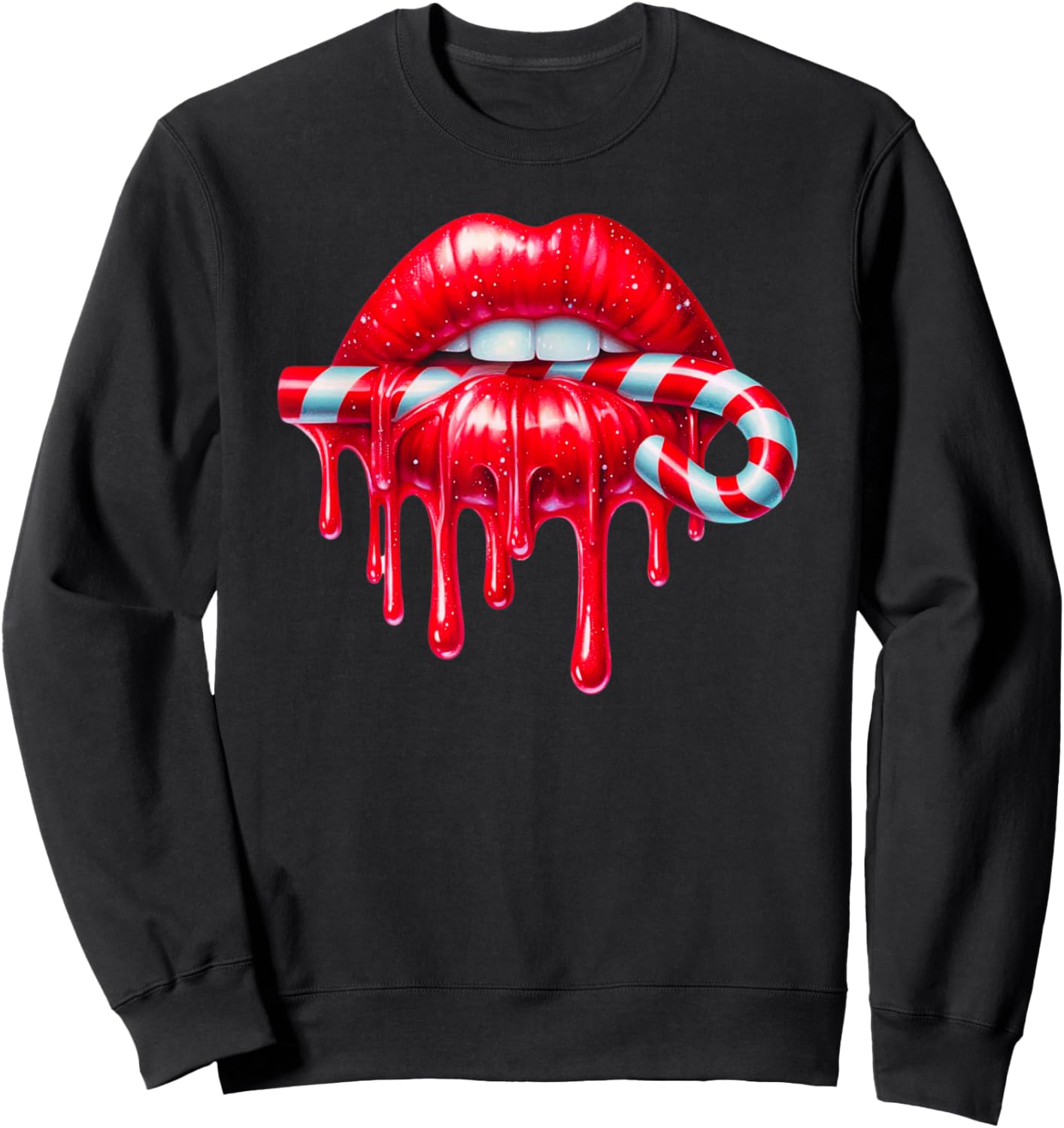 Sexy Lips Red Lipstick Kiss Dripping Candy Cane Christmas Sweatshirt - Sweatshirt | Black