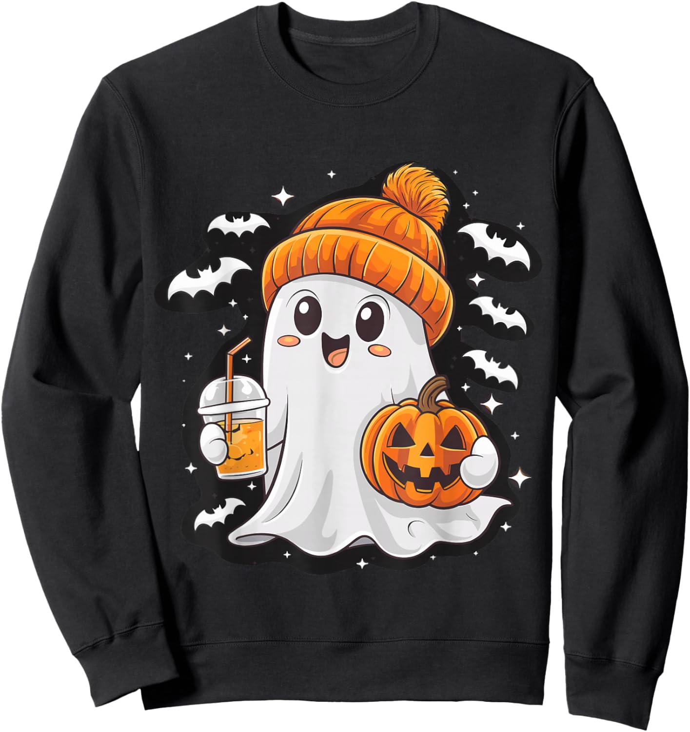 Ghost with Coffee Beanie and Pumpkin Halloween Costume Sweatshirt - Sweatshirt | Black