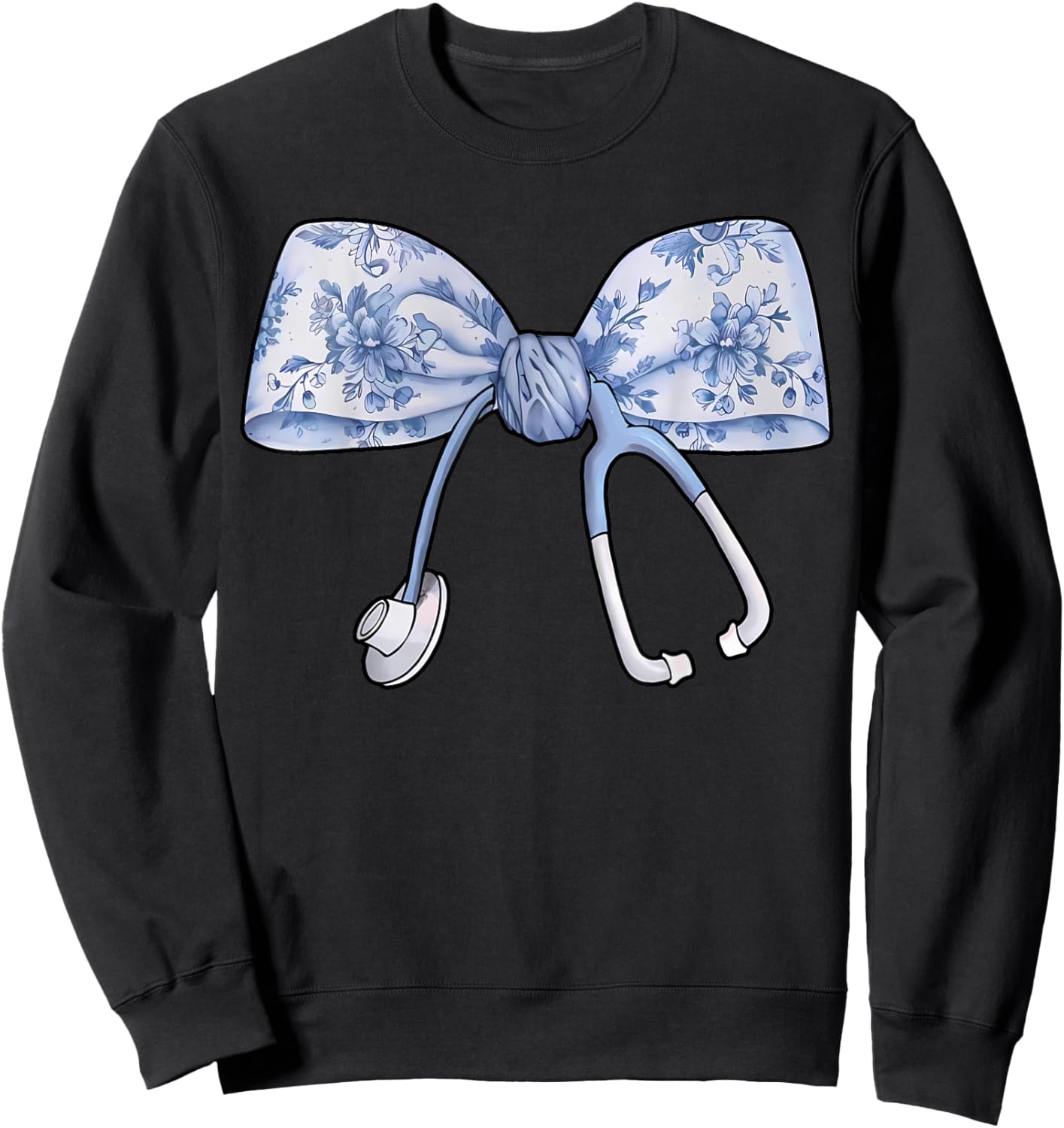 Floral Cute Blue Coquette Bow Stethoscope Registered Nurse Sweatshirt - Sweatshirt | Black