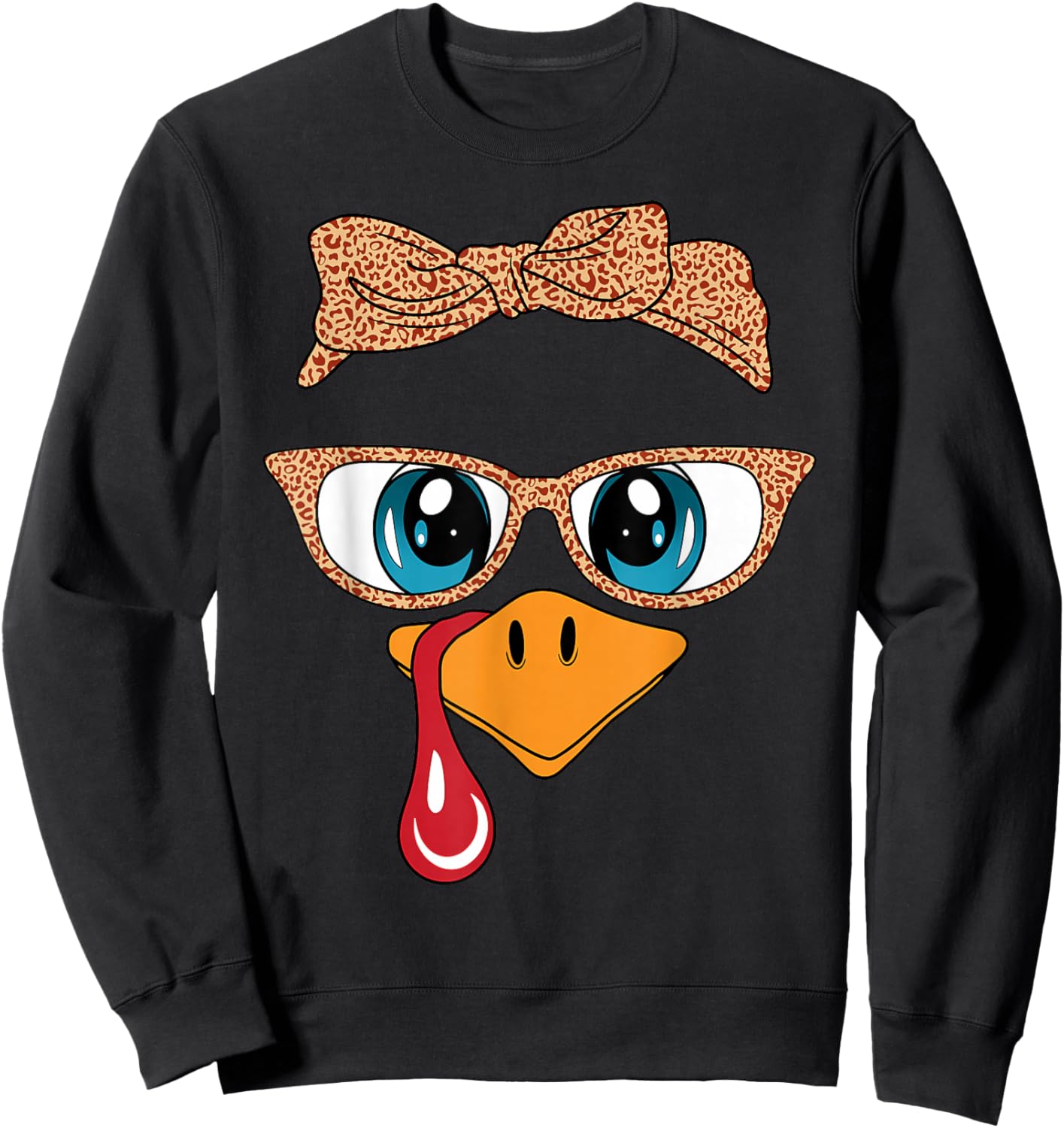 Women Turkey Face Leopard Glasses Funny Thanksgiving Women Sweatshirt - Sweatshirt | Black
