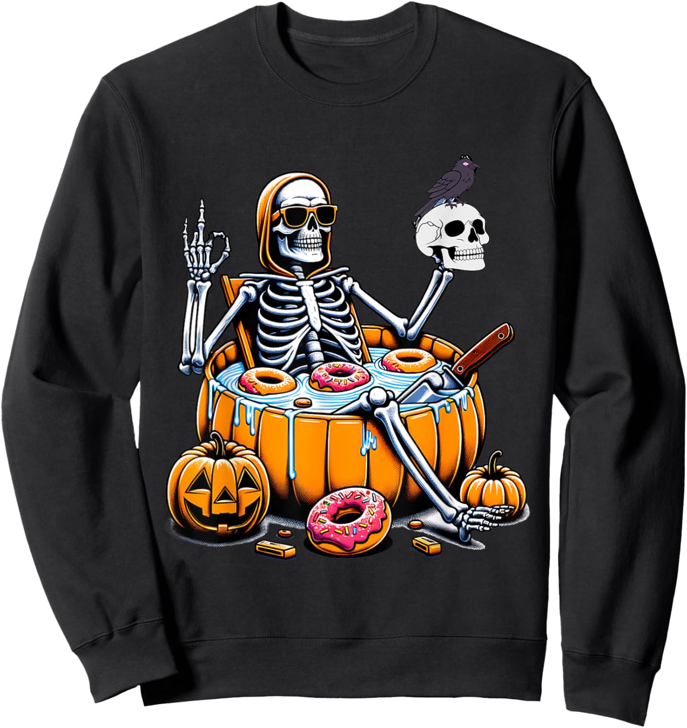 Halloween Just Chillin Skeleton Summerween Donut Women Men Sweatshirt - Sweatshirt | Black