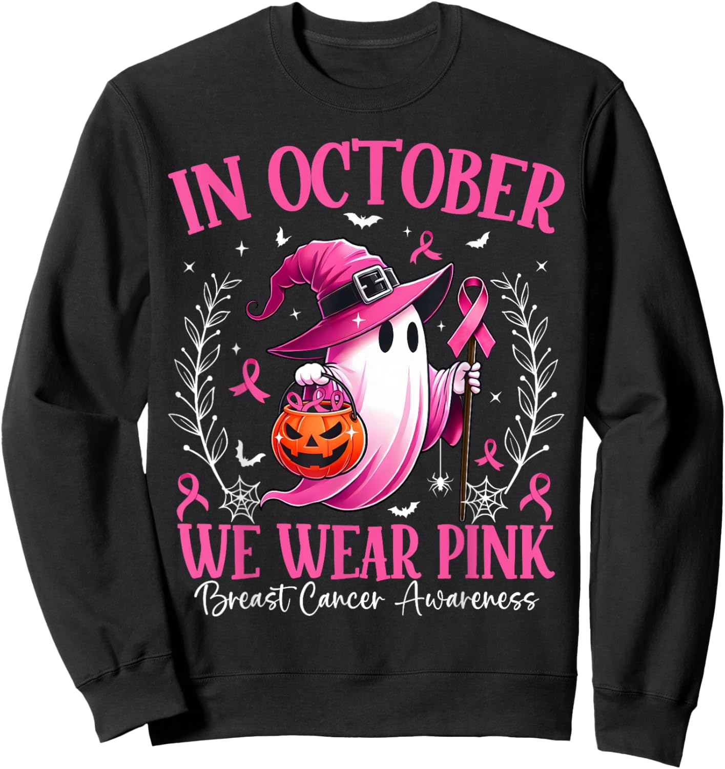 In October We Wear Pink Breast Cancer Awareness Halloween Sweatshirt - Sweatshirt | Black