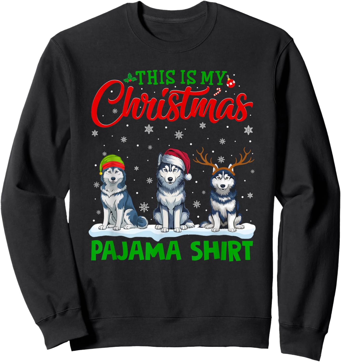 Xmas Santa Hat Reindeer Siberian Husky Dog Christmas Pajama Sweatshirt - Sweatshirt | Black