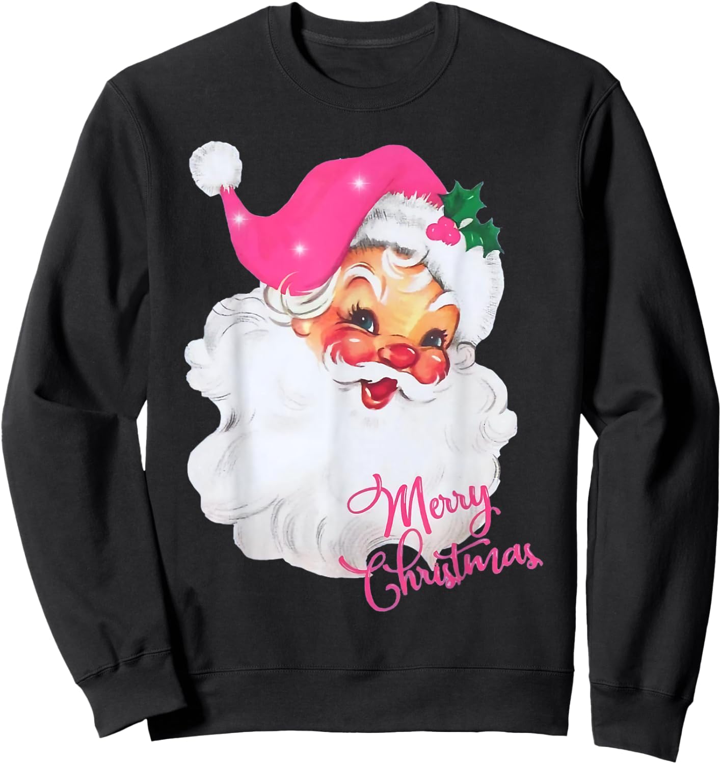 Vintage Pink Santa Claus Merry Christmas Pajamas Xmas Women Sweatshirt - Sweatshirt | Black