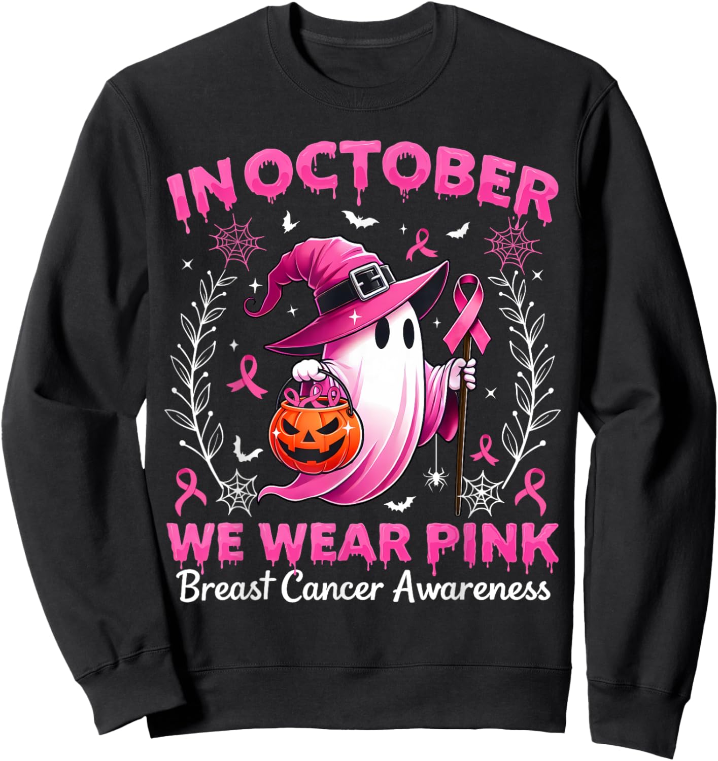 In October We Wear Pink Breast Cancer Awareness Halloween Sweatshirt - Sweatshirt | Black