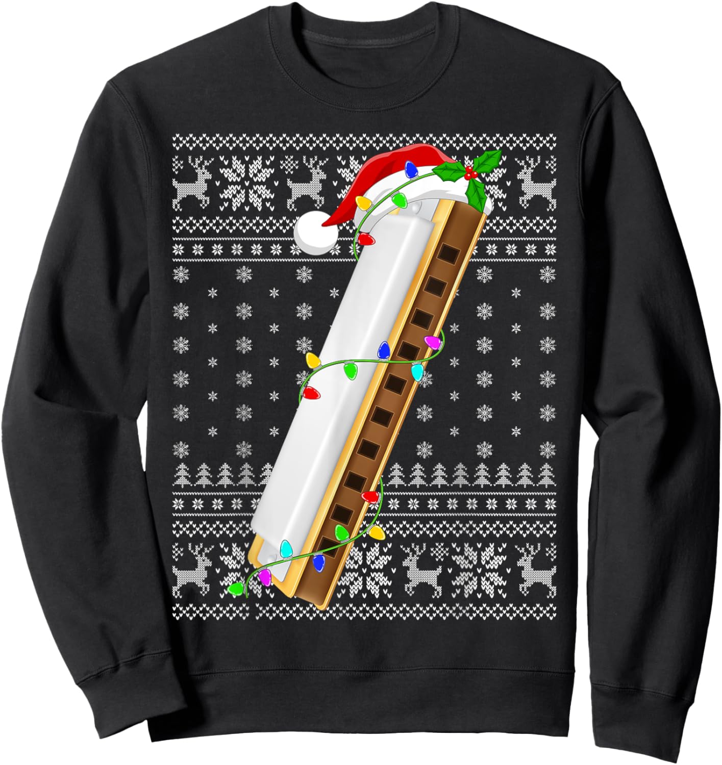 Ugly Sweater Xmas Lights Santa Musical Harmonica Christmas Sweatshirt - Sweatshirt | Black