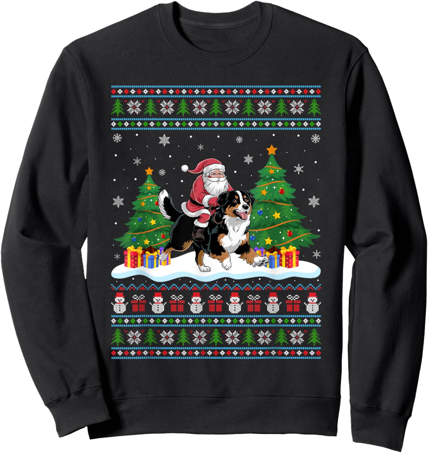 Santa Riding Bernese Mountain Dog Tree Lights Xmas Sweater Sweatshirt - Sweatshirt | Black