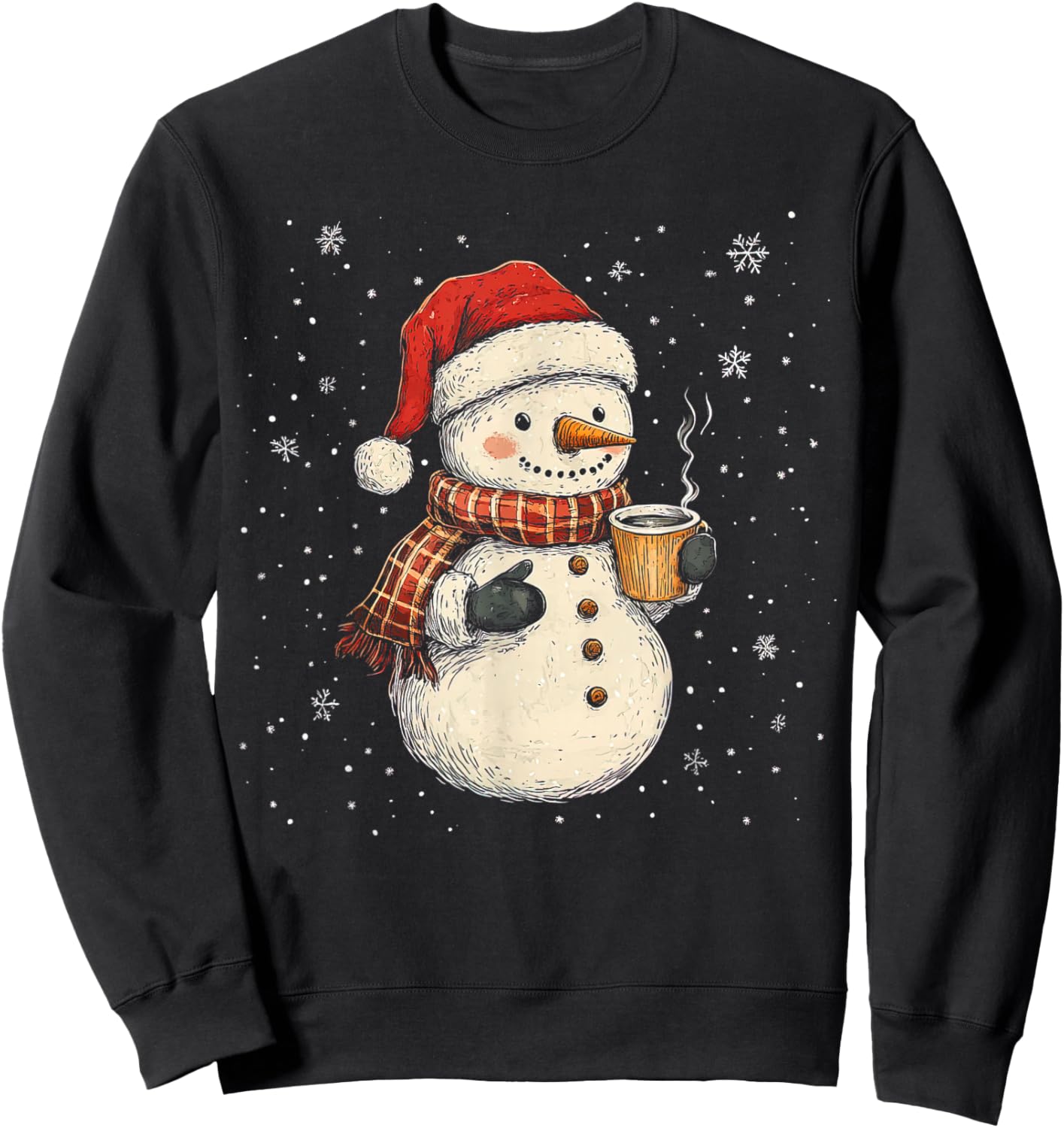 Cute Snowman Drink Coffee Winter Snowflake Snowman Christmas Sweatshirt - Sweatshirt | Black