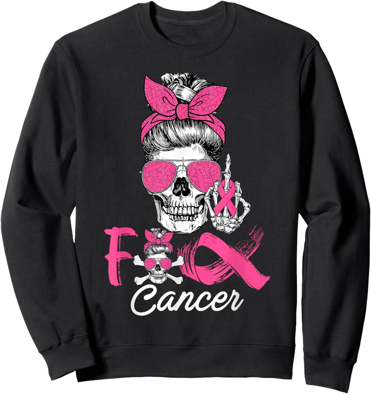 Fuck Cancer Breast Cancer Messy Bun Skeleton Halloween Day Sweatshirt - Sweatshirt | Black