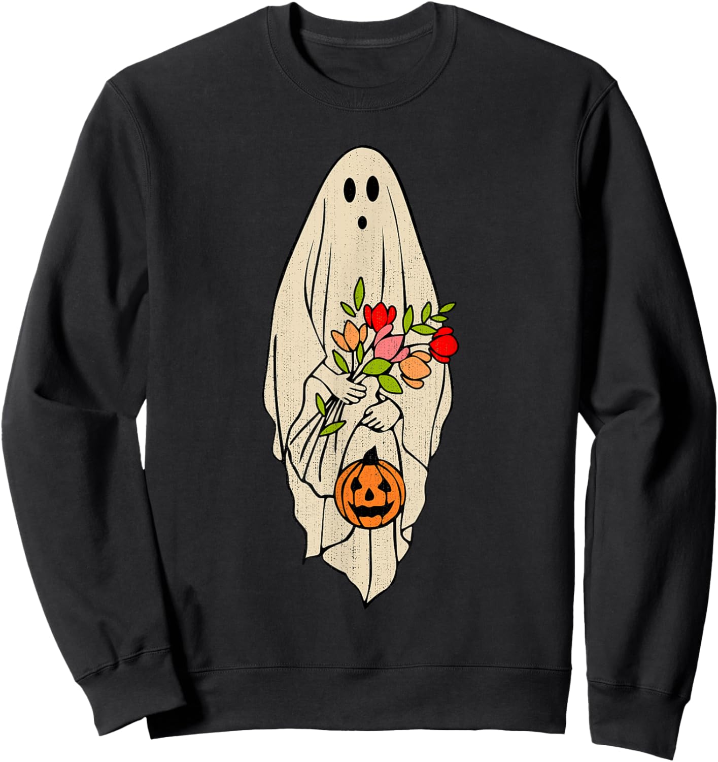 Retro Vintage Ghost Floral Pumpkin Halloween Girls Sweatshirt - Sweatshirt | Black