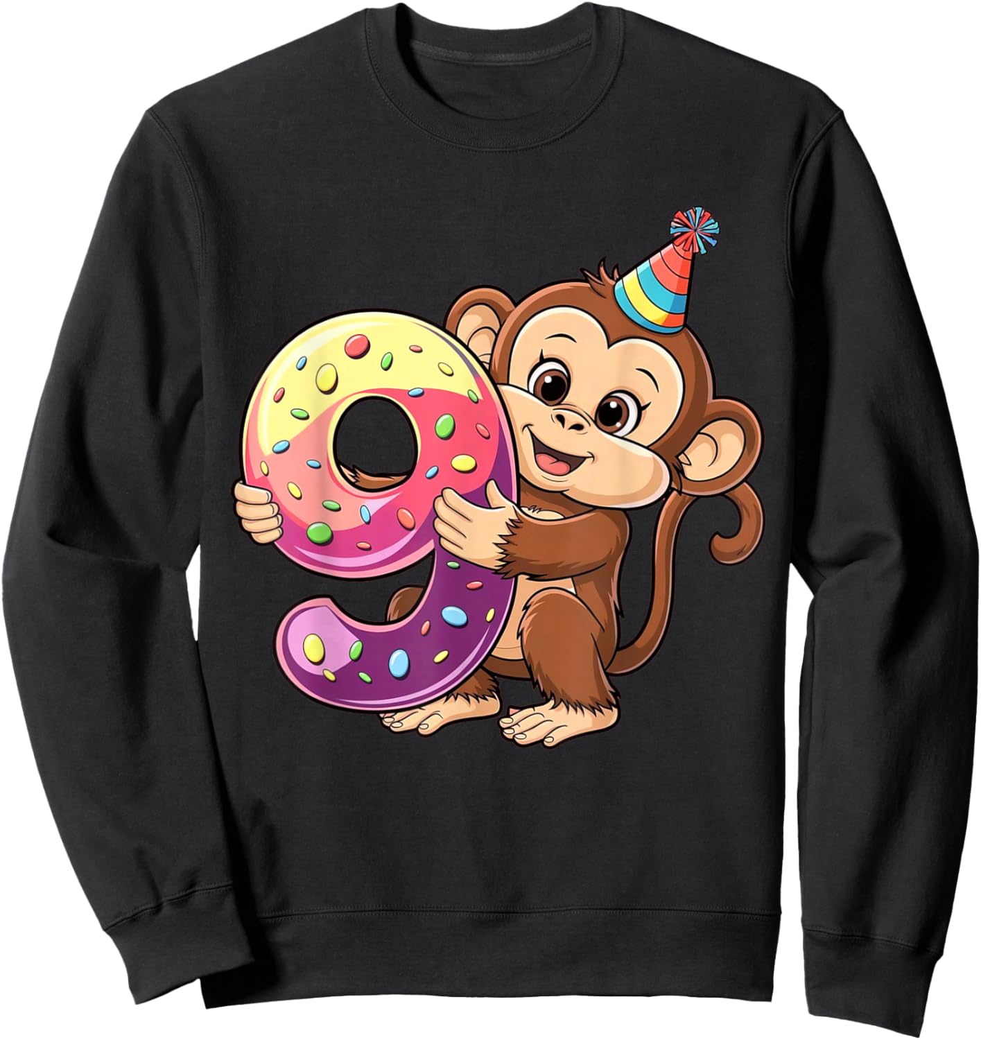 Monkey Birthday Age 9 Girl Sweatshirt - Sweatshirt | Black