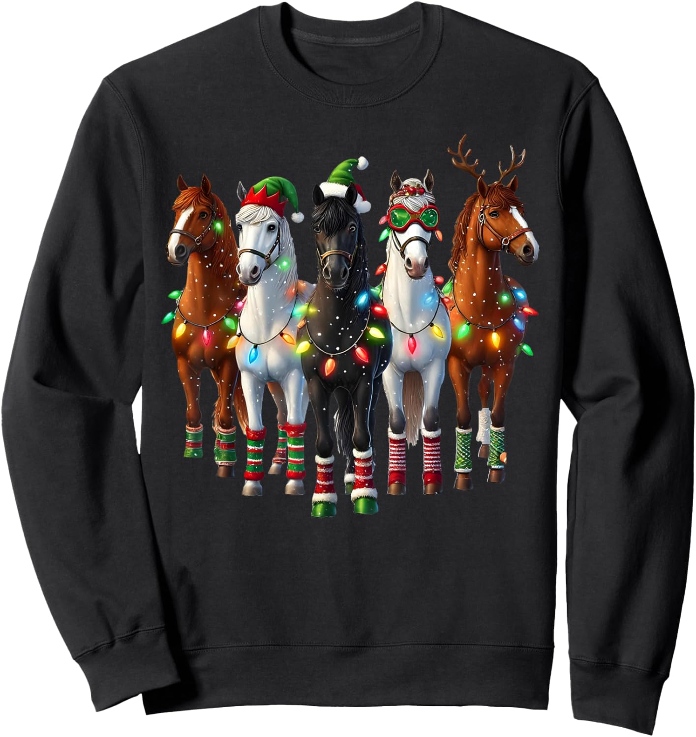 Horse Santa Reindeer ELF Christmas Lights Sweatshirt - Sweatshirt | Black