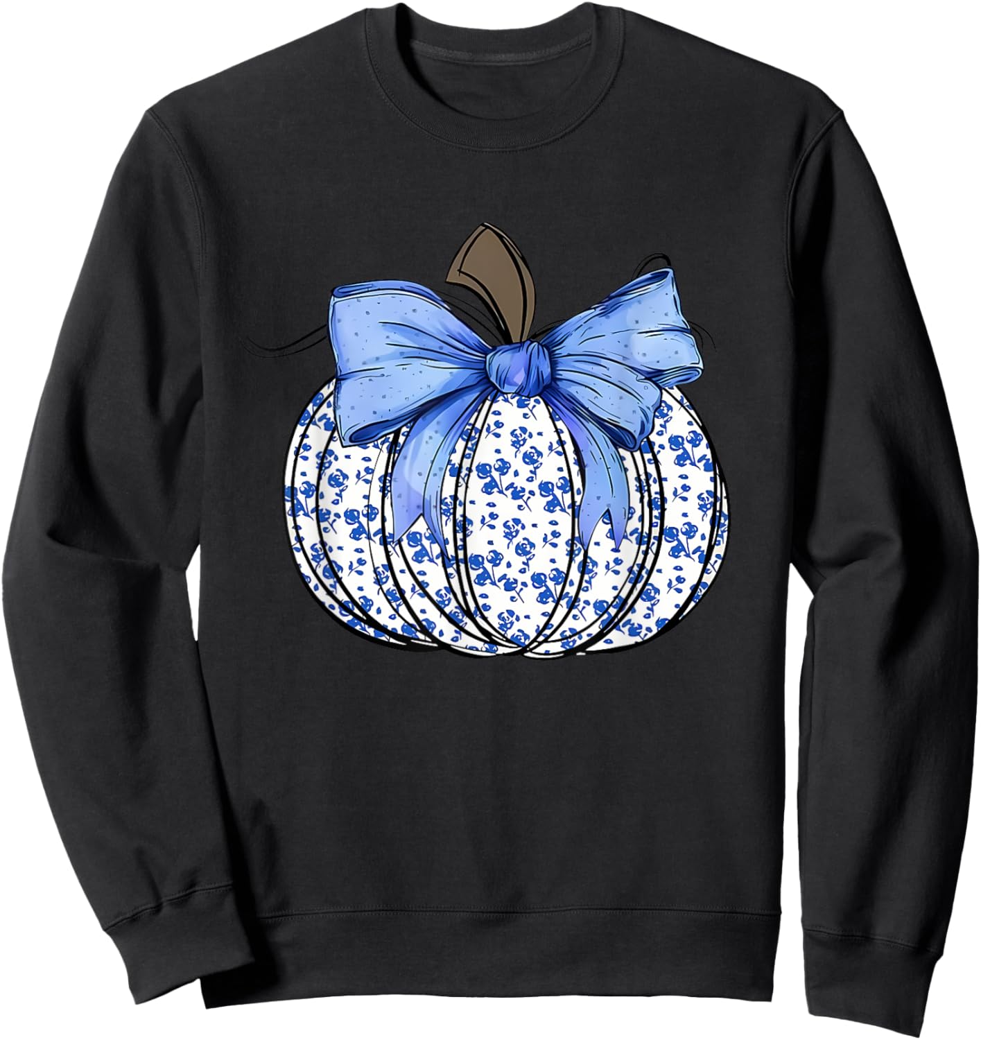 Blue Floral Pumpkin Fall Coquette Thanksgiving Halloween Sweatshirt - Sweatshirt | Black