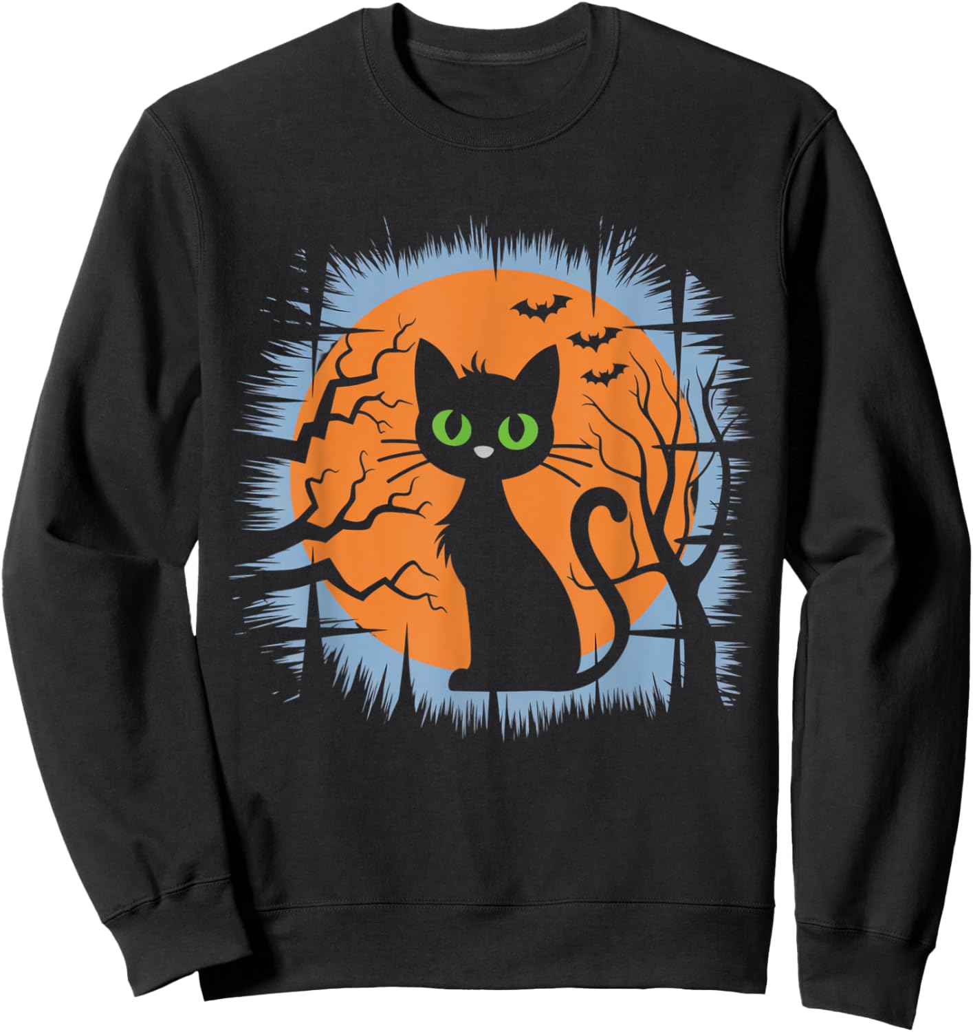 Vintage Halloween Black Cat with Bats and Full Moon Design Sweatshirt - Sweatshirt | Black