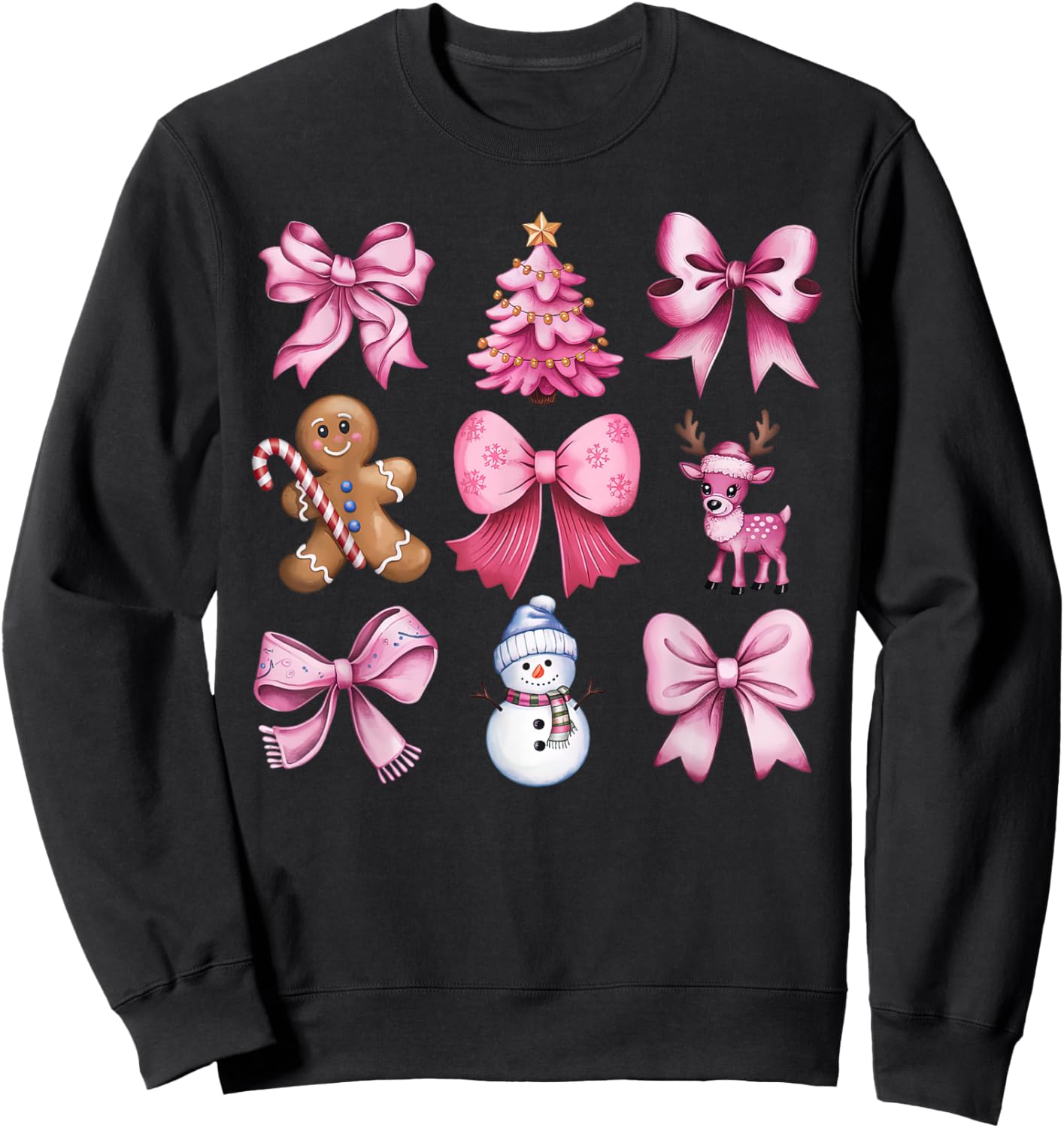 Cute Preppy Pink Christmas Tree Gingerbread Man Snowman Bow Sweatshirt - Sweatshirt | Black