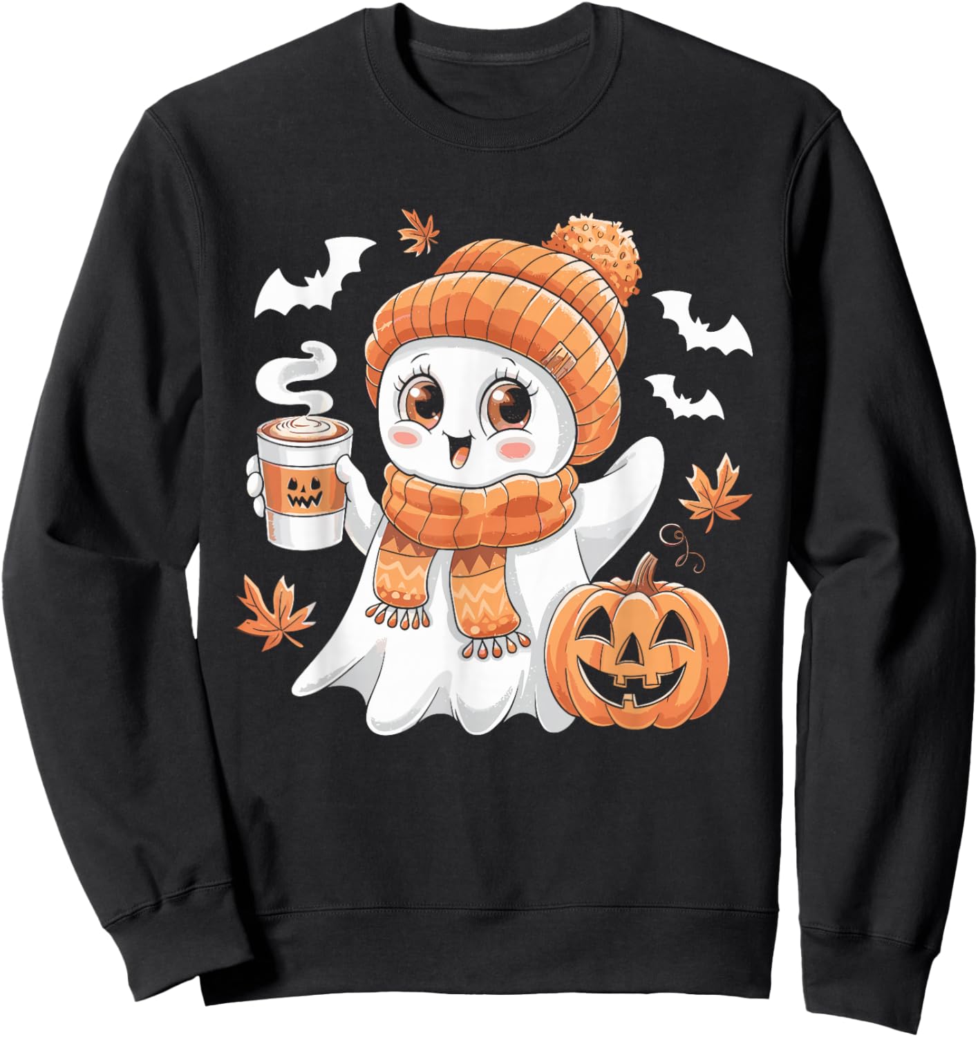 Cute Ghost Drinking Coffee Halloween Ghost Ice Coffee Sweatshirt - Sweatshirt | Black