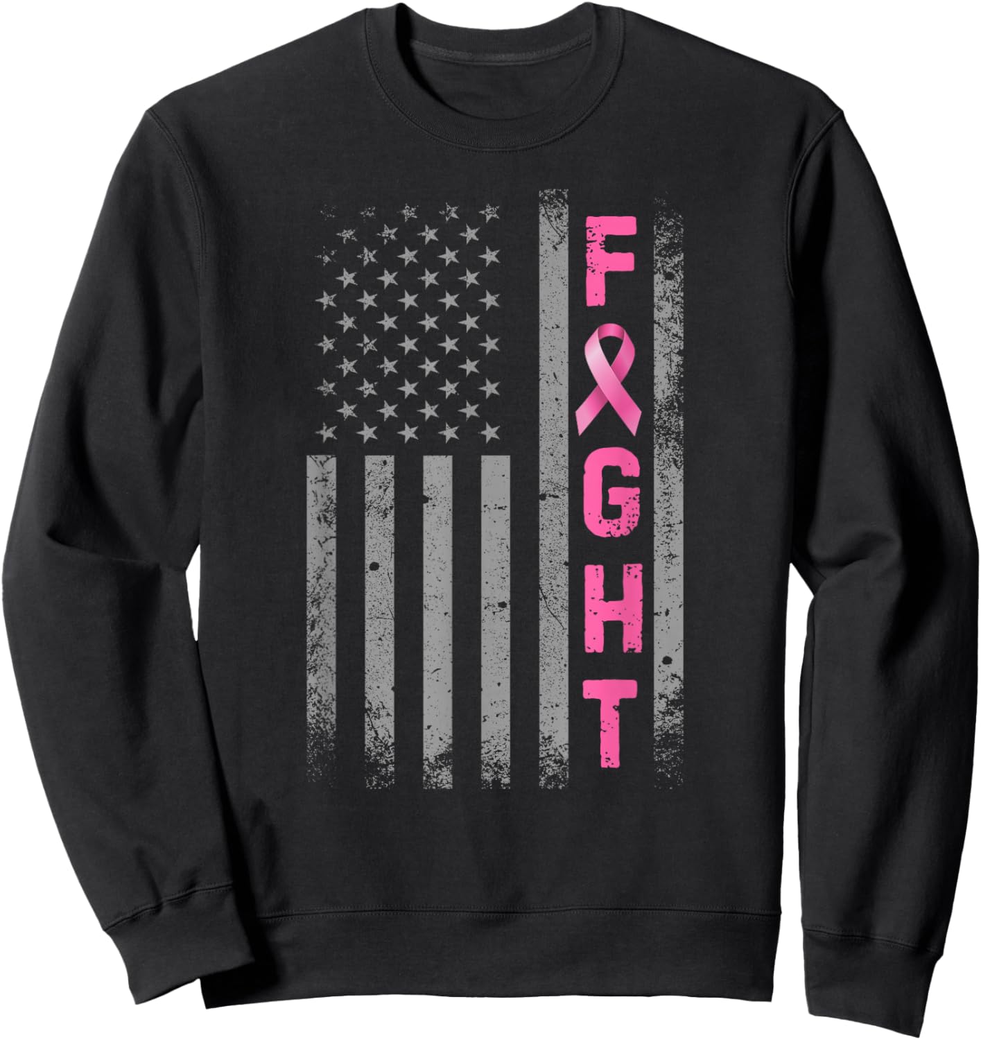 Fight Breast Cancer Awareness Pink Ribbon USA American Flag Sweatshirt - Sweatshirt | Black