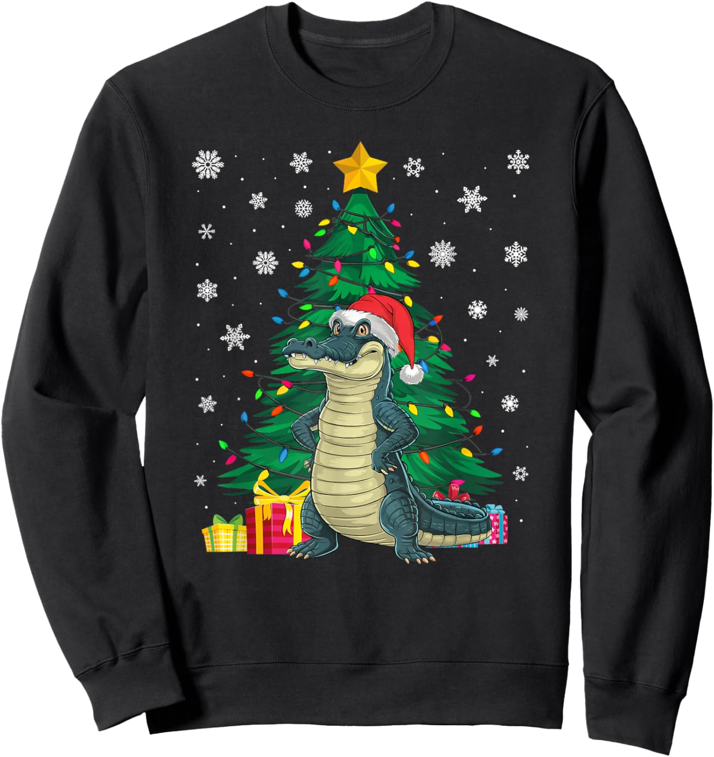 Ugly Sweater Christmas Tree Lights Alligator Santa Hat Xmas Sweatshirt - Sweatshirt | Black