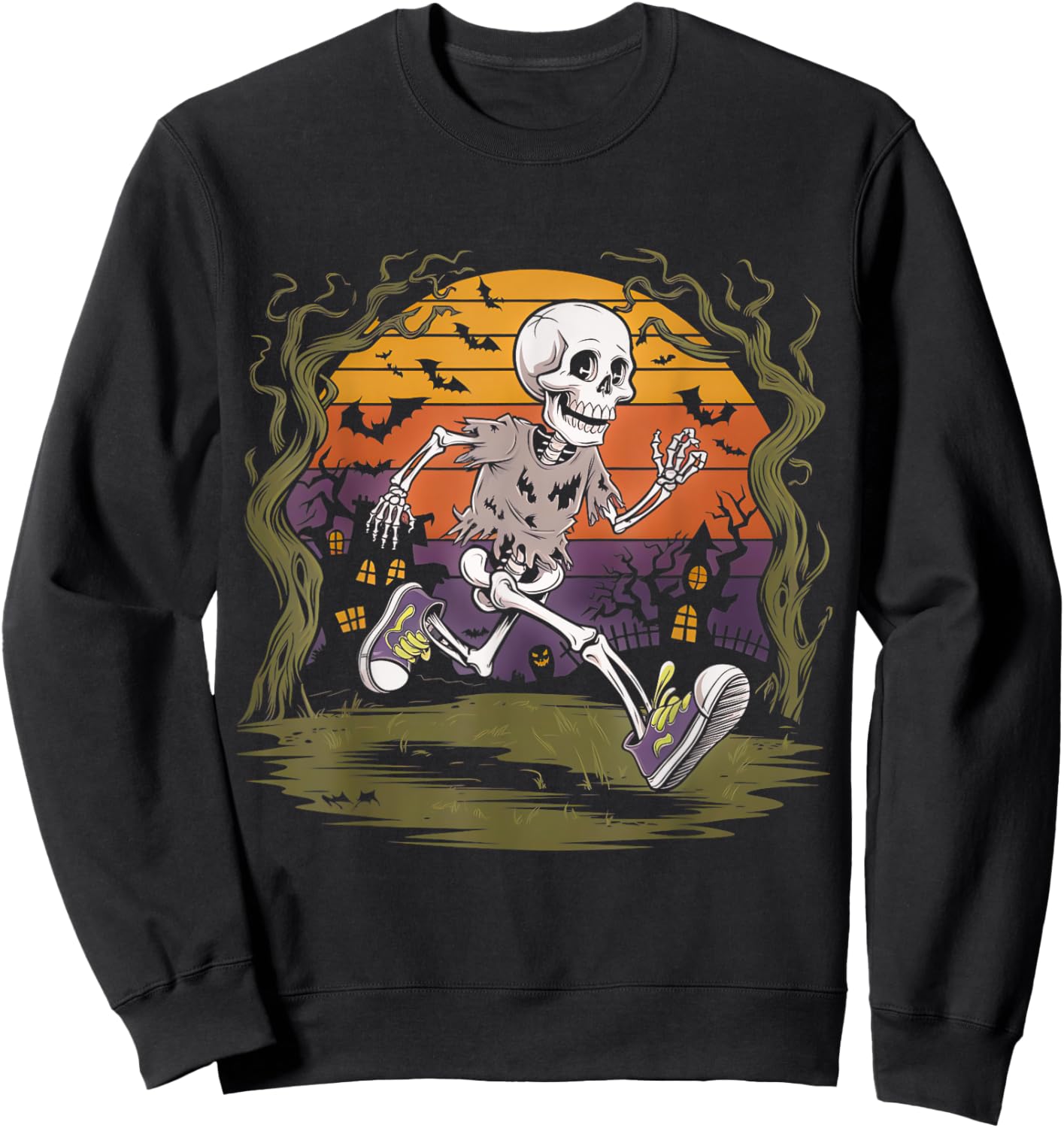 Skeleton Running Halloween Party Spooky Fun Sweatshirt - Sweatshirt | Black