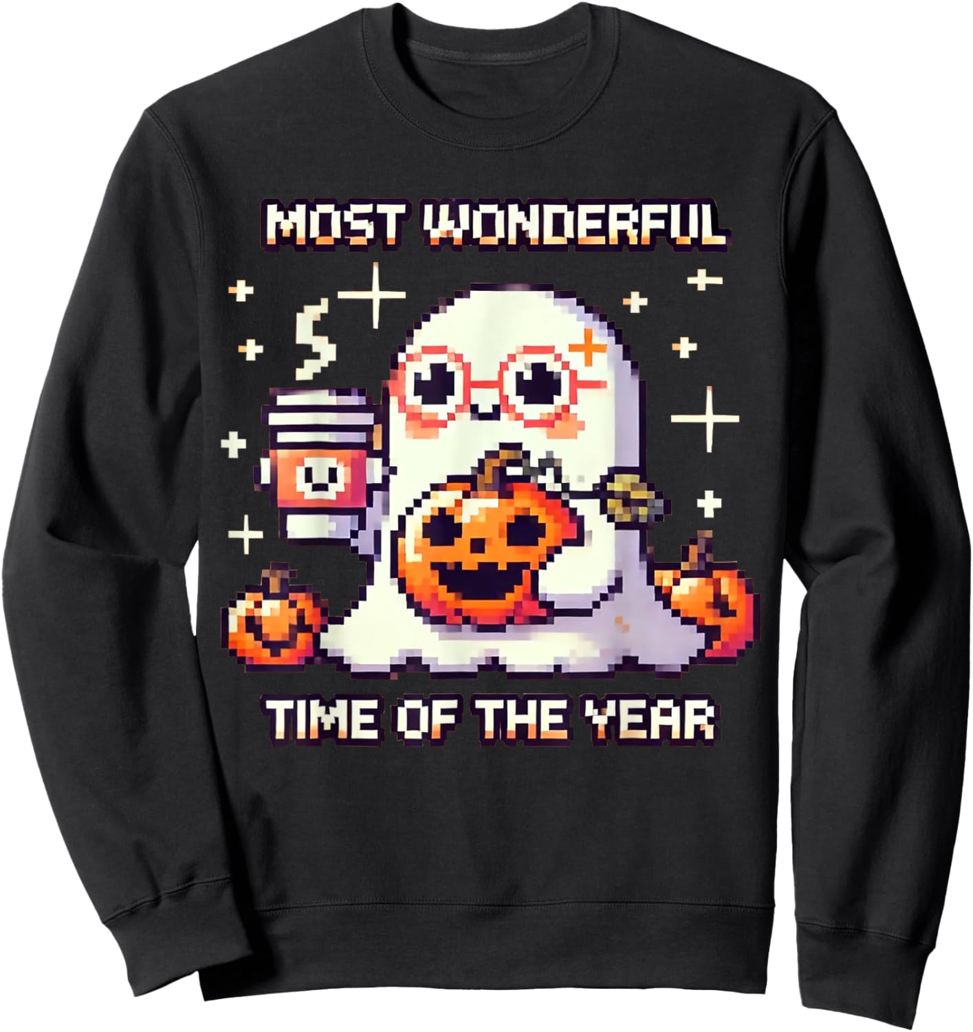 Halloween Pixel Ghost Drinking Coffee Lover Cute Ghost Gamer Sweatshirt - Sweatshirt | Black
