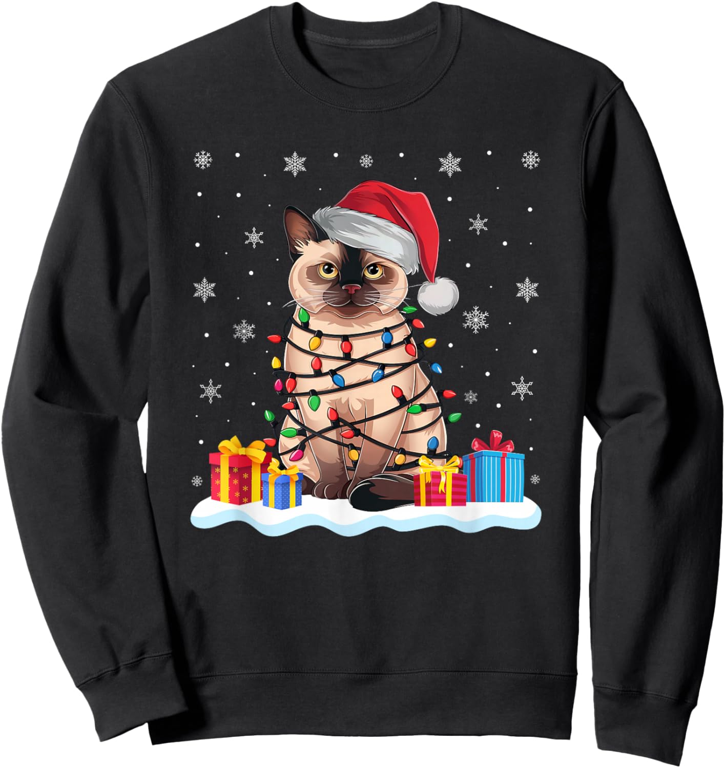 Siamese Cat Santa Hat Christmas Tree Light Xmas Pajama Sweatshirt - Sweatshirt | Black