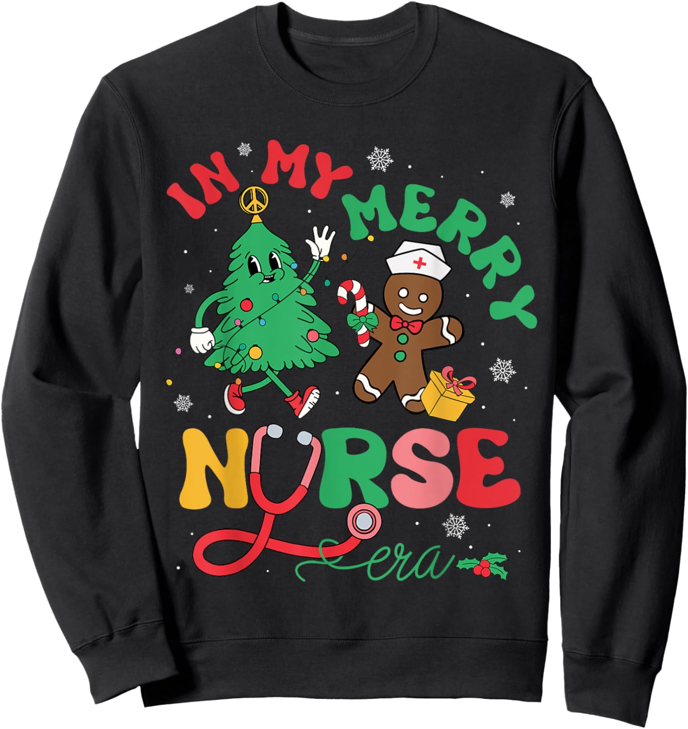In My Merry Nurse Era Christmas Tree Gingerbread Nursing Sweatshirt - Sweatshirt | Black