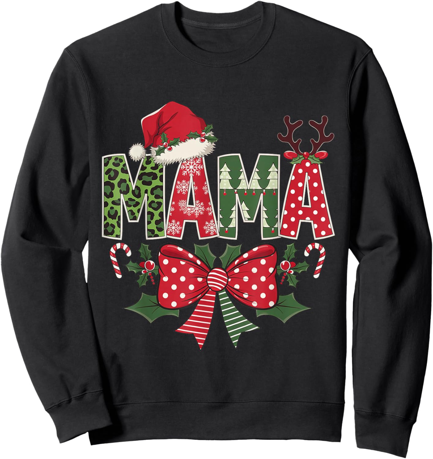 Mama Claus Santa Hat Coquette Bow Christmas Pajama Matching Sweatshirt - Sweatshirt | Black