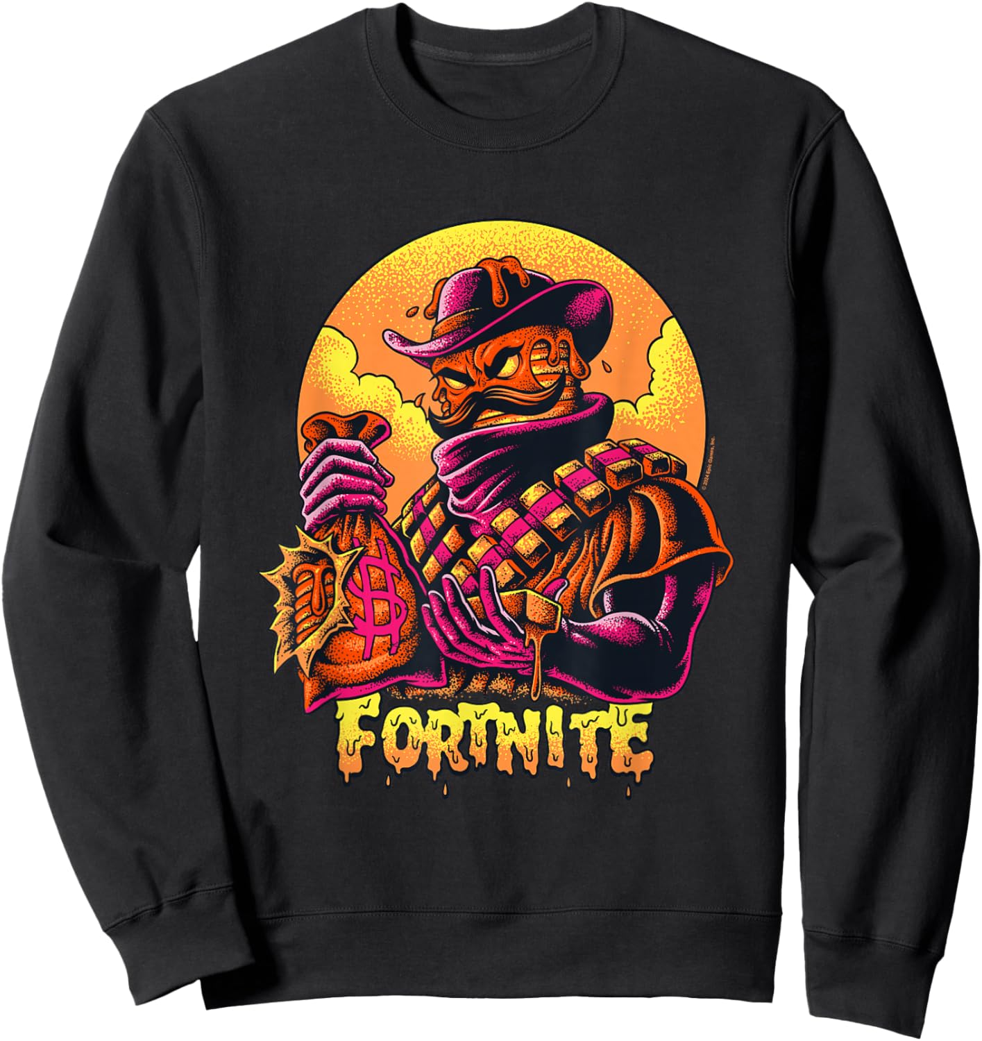 Fortnite Iconic Mancake Cowboy Distressed Big Chest Portrait Sweatshirt - Sweatshirt | Black