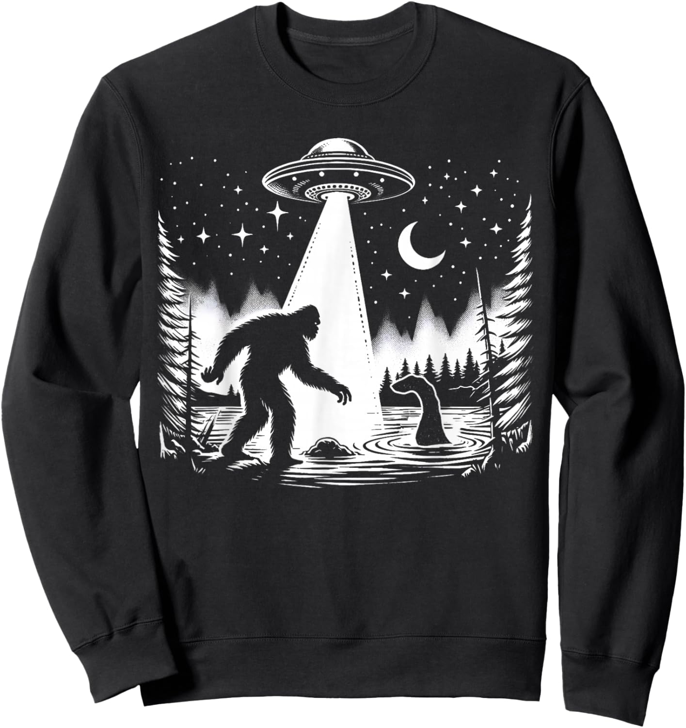 Cryptid Bigfoot, Loch Ness Monster, & UFO Alien Spaceship Sweatshirt - Sweatshirt | Black
