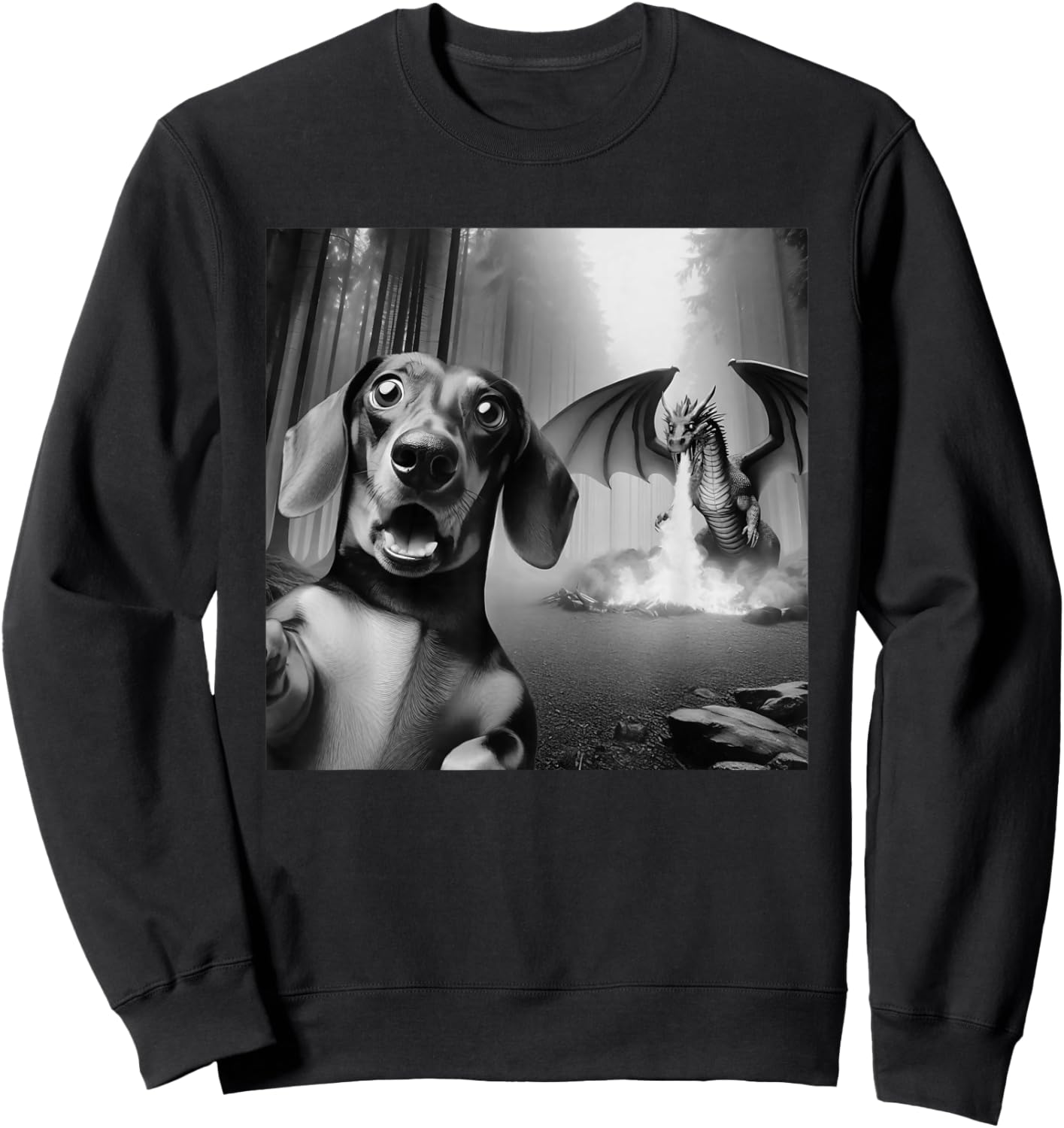 Funny Dachshund Selfie with dragon surprised Dachshund Sweatshirt - Sweatshirt | Black