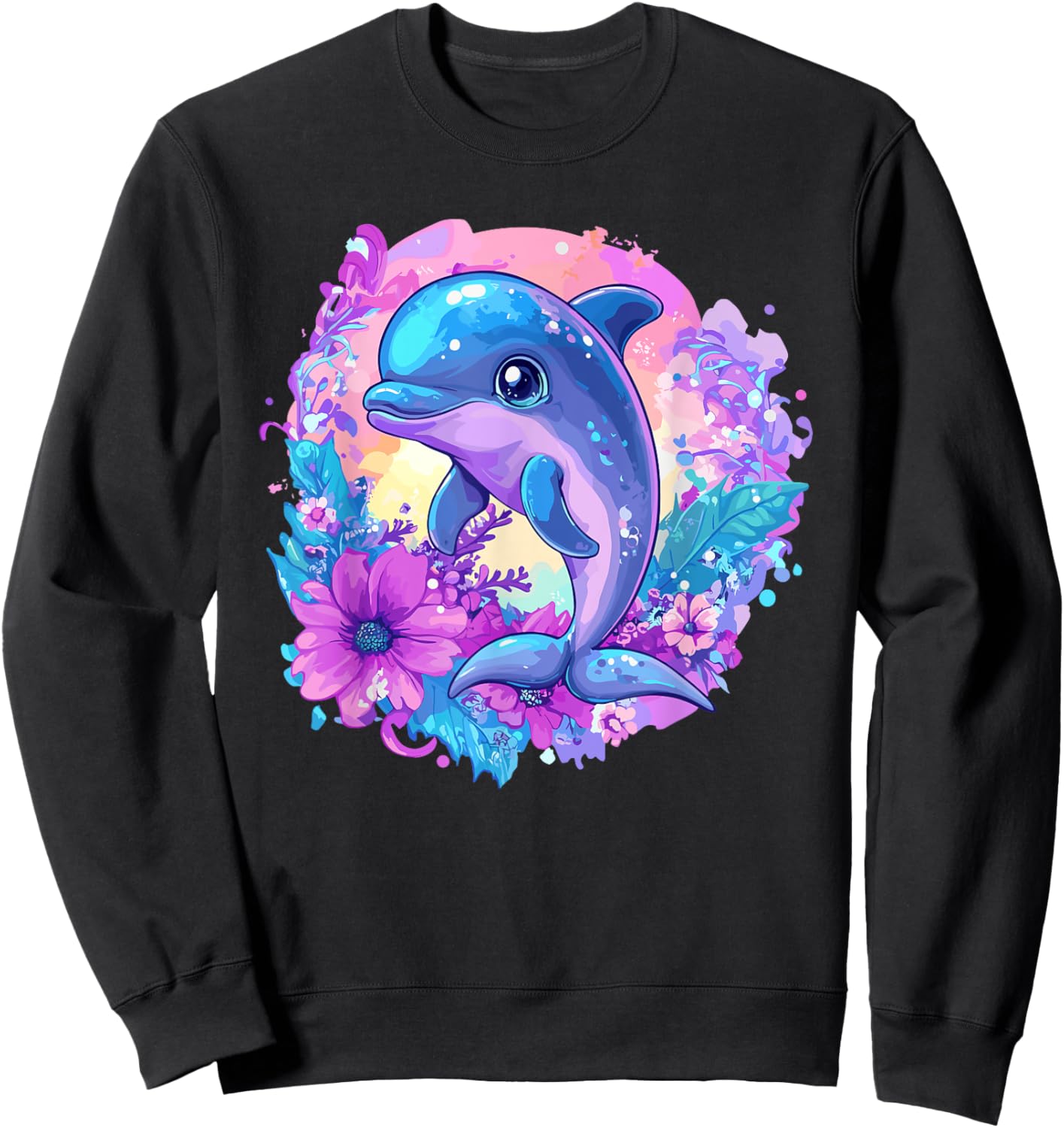 Playful Dolphin Surrounded By Flowers Sweatshirt - Sweatshirt | Black