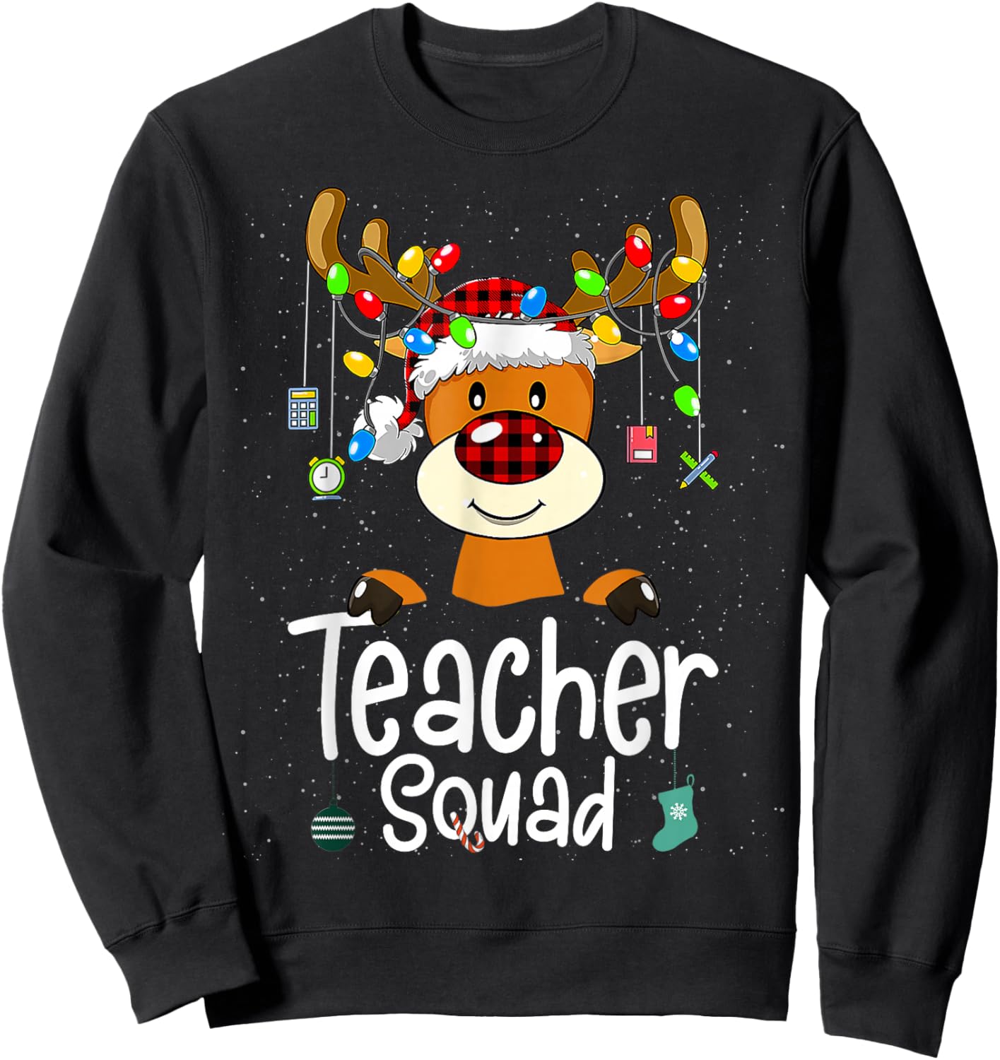 Teacher Squad Red Black Plaid Rudolph Reindeer Christmas Sweatshirt - Sweatshirt | Black