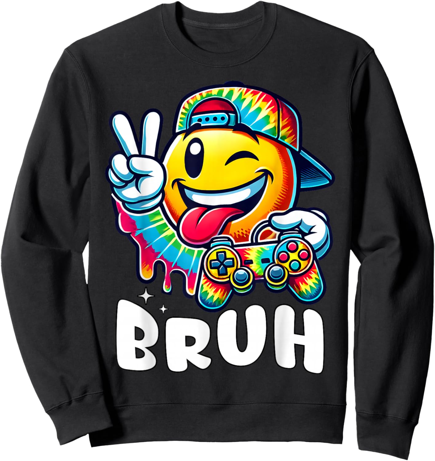 Groovy Tie Dye Gaming Funny Bruh Boys Peace Sign Gamer Kids Sweatshirt - Sweatshirt | Black