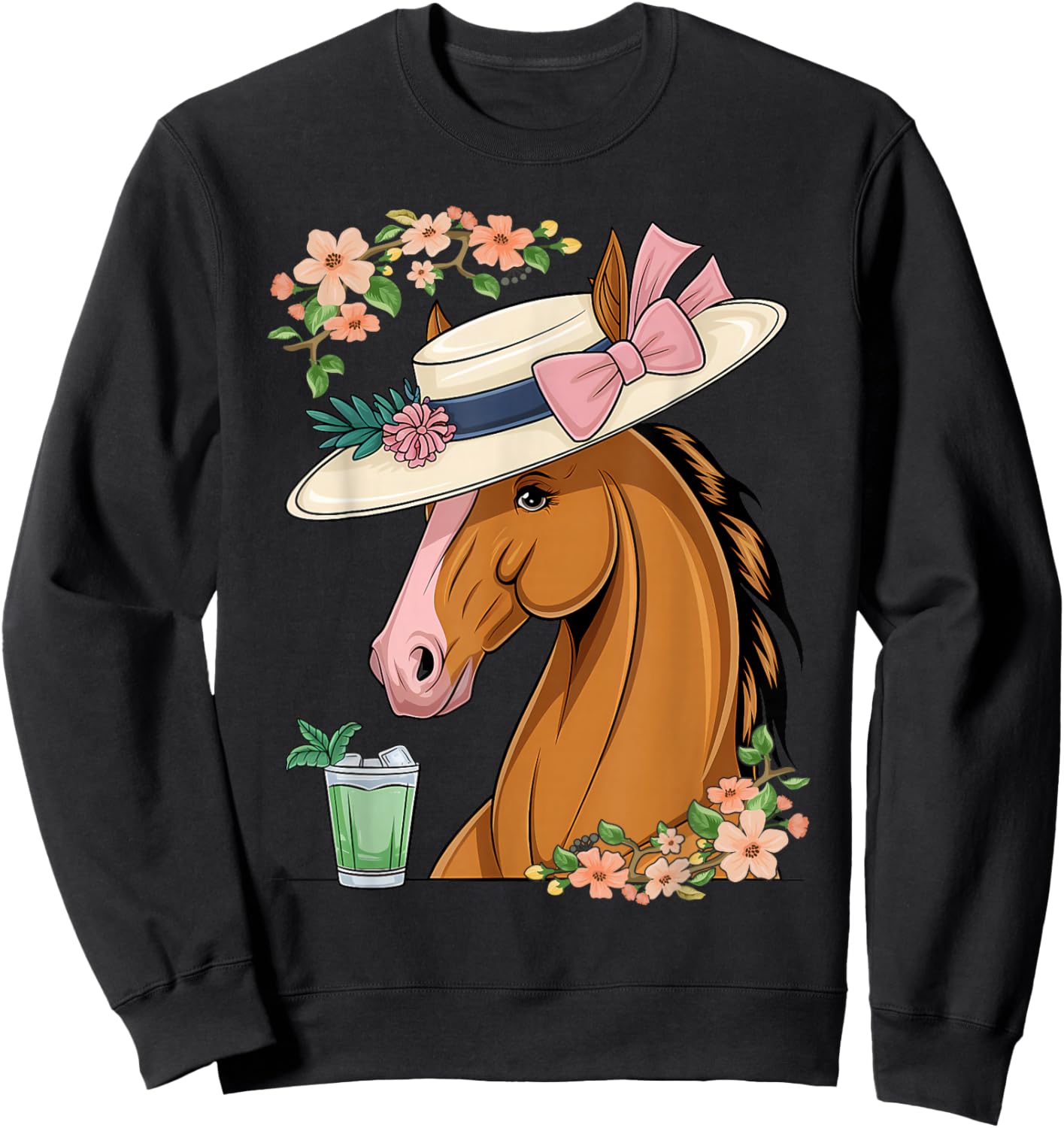 Funny Horse Derby Party Blue Round Neck Sweatshirt - Sweatshirt | Black