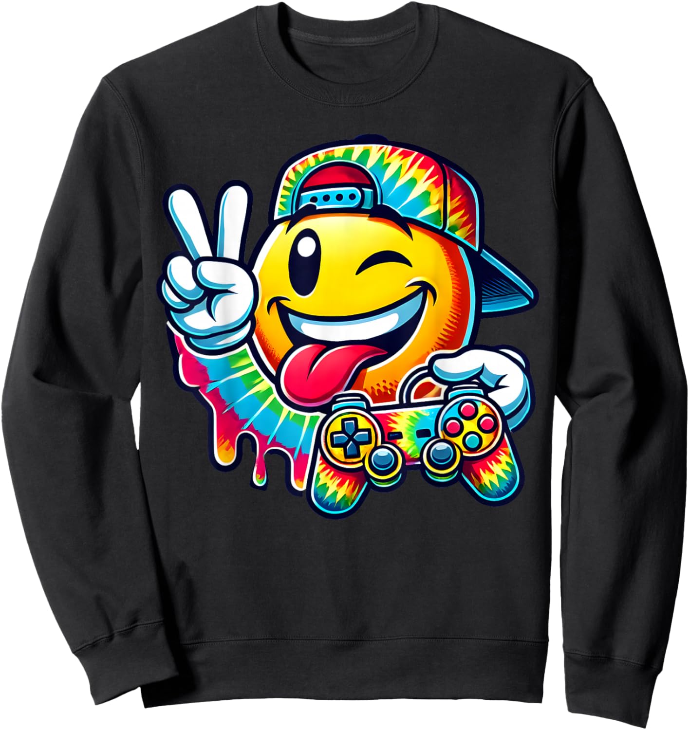 Groovy Tie Dye Gaming Boys 70s Retro Smile Peace Sign Gamer Sweatshirt - Sweatshirt | Black
