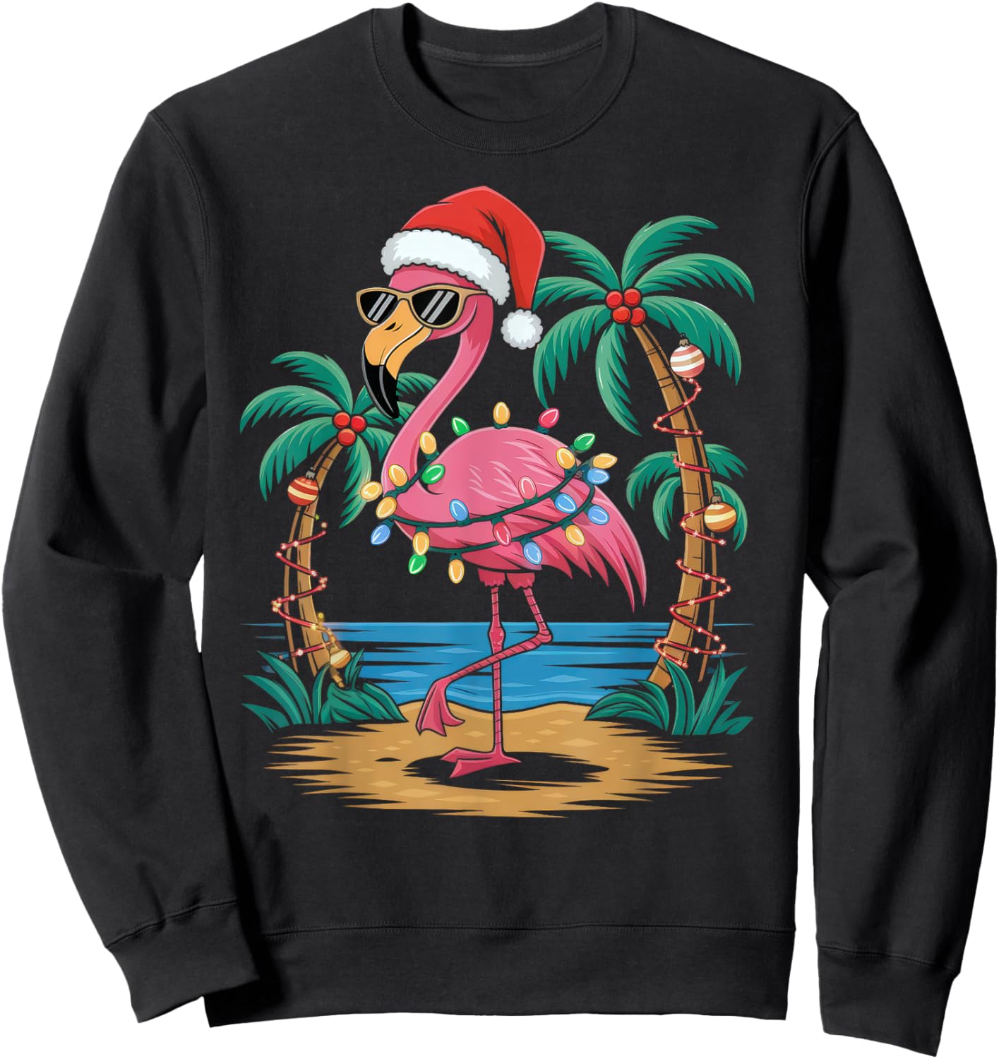 Santa Flamingo Christmas Lights Tropical Palms Tree Beach Sweatshirt - Sweatshirt | Black