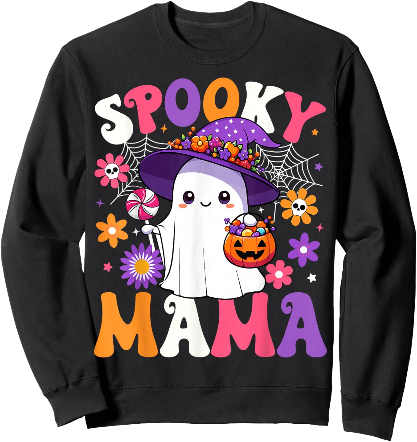 Groovy Spooky Mama Halloween Ghost Pumpkin Halloween Mom Sweatshirt - Sweatshirt | Black