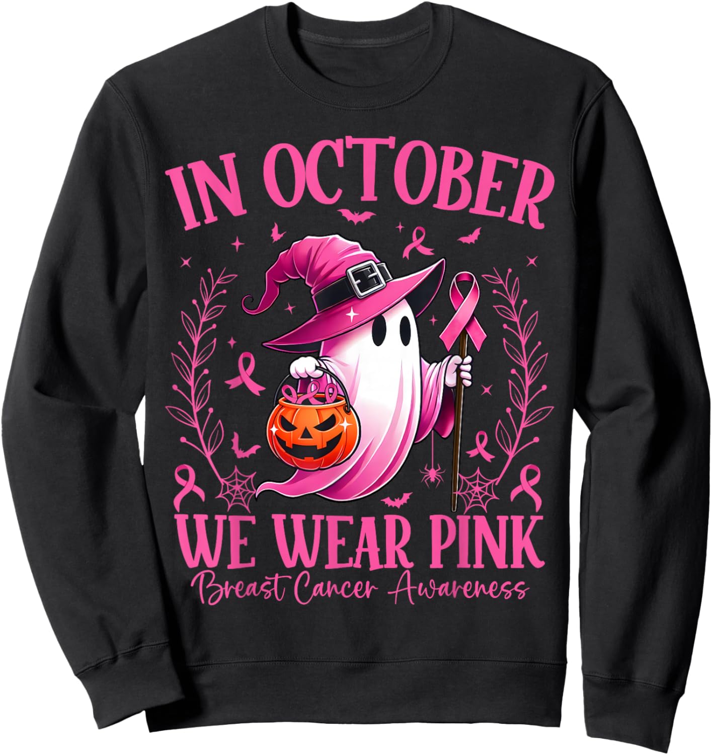 In October We Wear Pink Breast Cancer Awareness Halloween Sweatshirt - Sweatshirt | Black