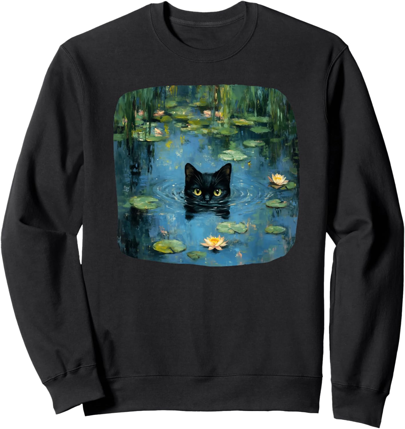 Mystical Black Cat Swimming in Waterlily Pond Art Lover Men Women Kids Sweatshirt - Sweatshirt | Black