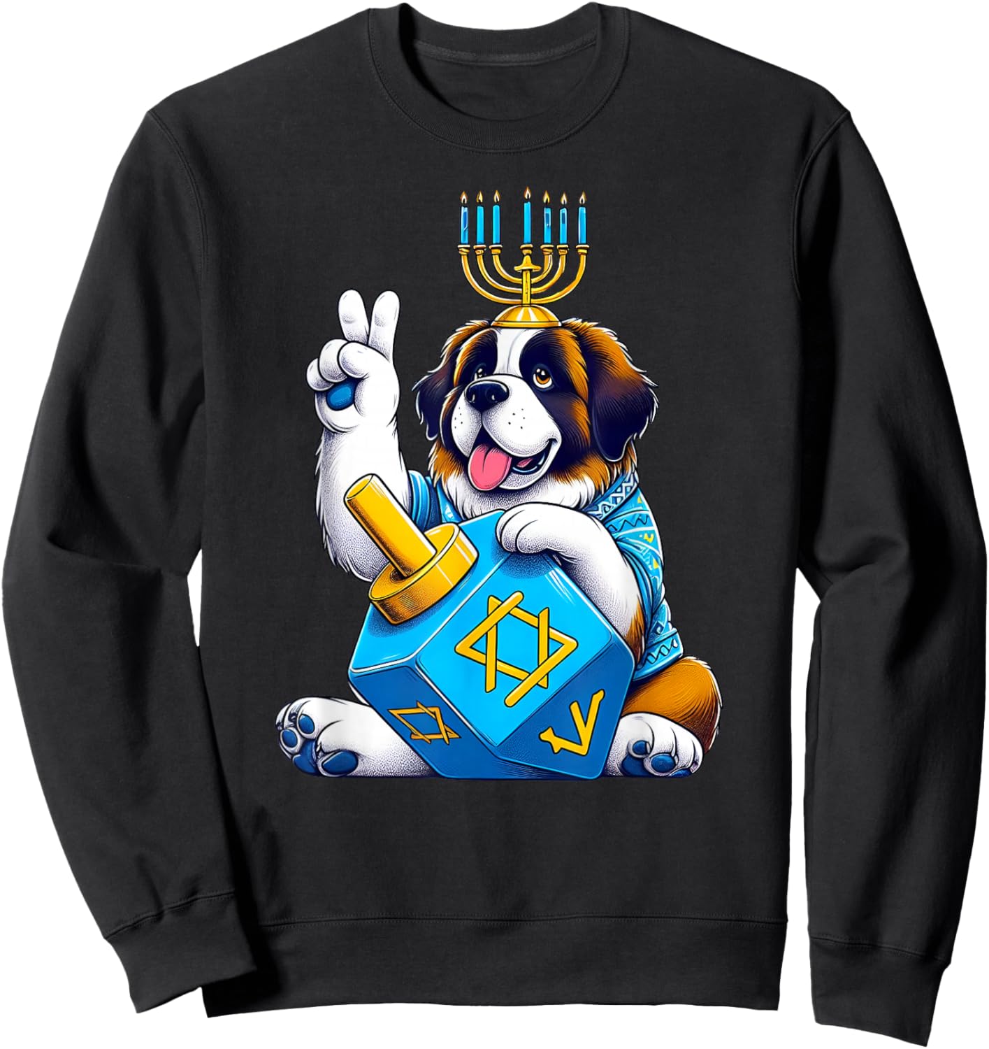Saint Bernard Menorah Dreidel Jewish Hanukkah Sweatshirt - Sweatshirt | Black