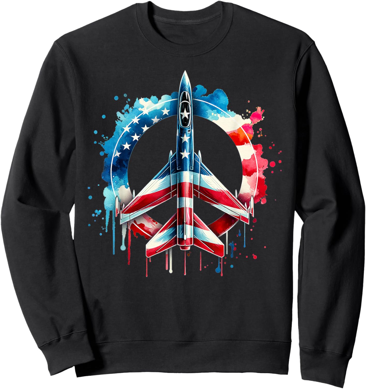 Flying Jet American Flag Peace Sig USA Patriotic July 4th Sweatshirt - Sweatshirt | Black