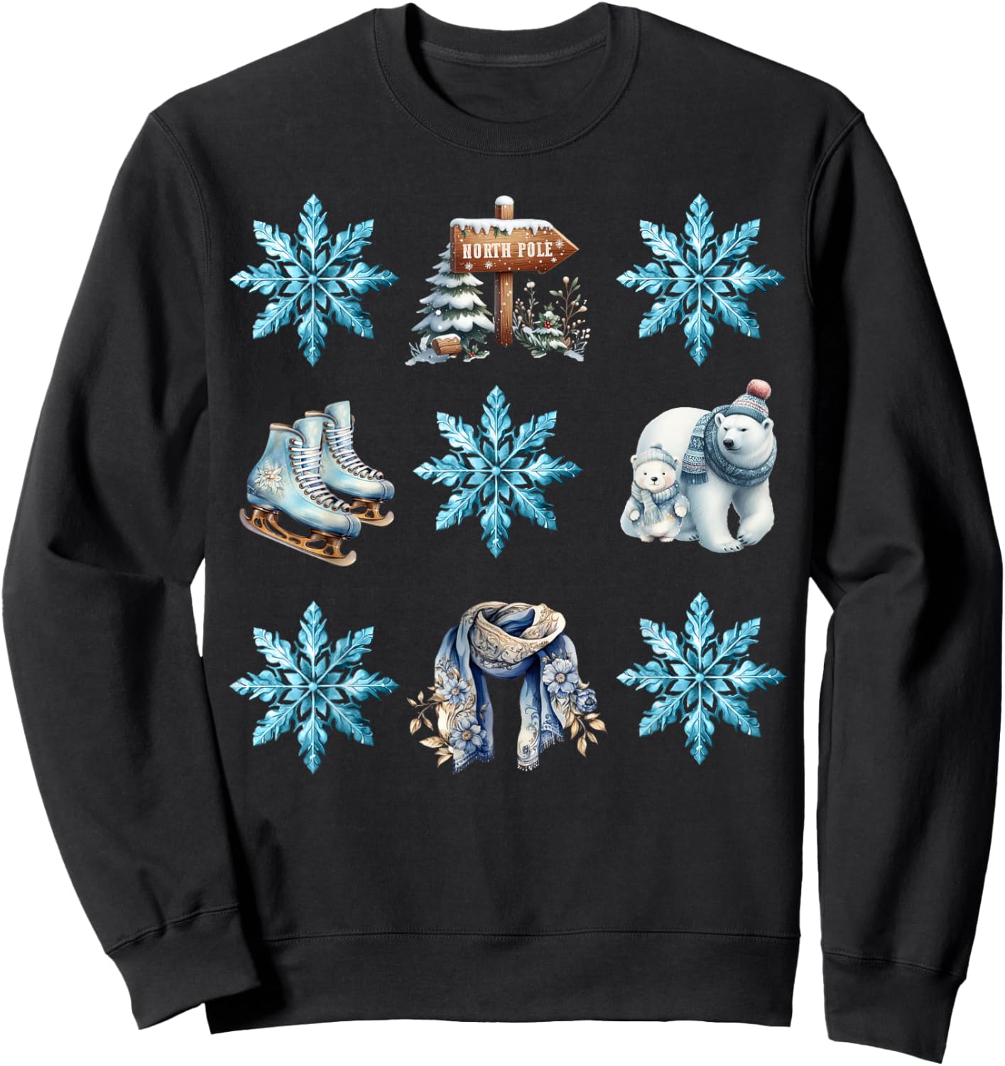 Skate Winter Wonderland Snowflake Icy Blue Christmas Sweatshirt - Sweatshirt | Black