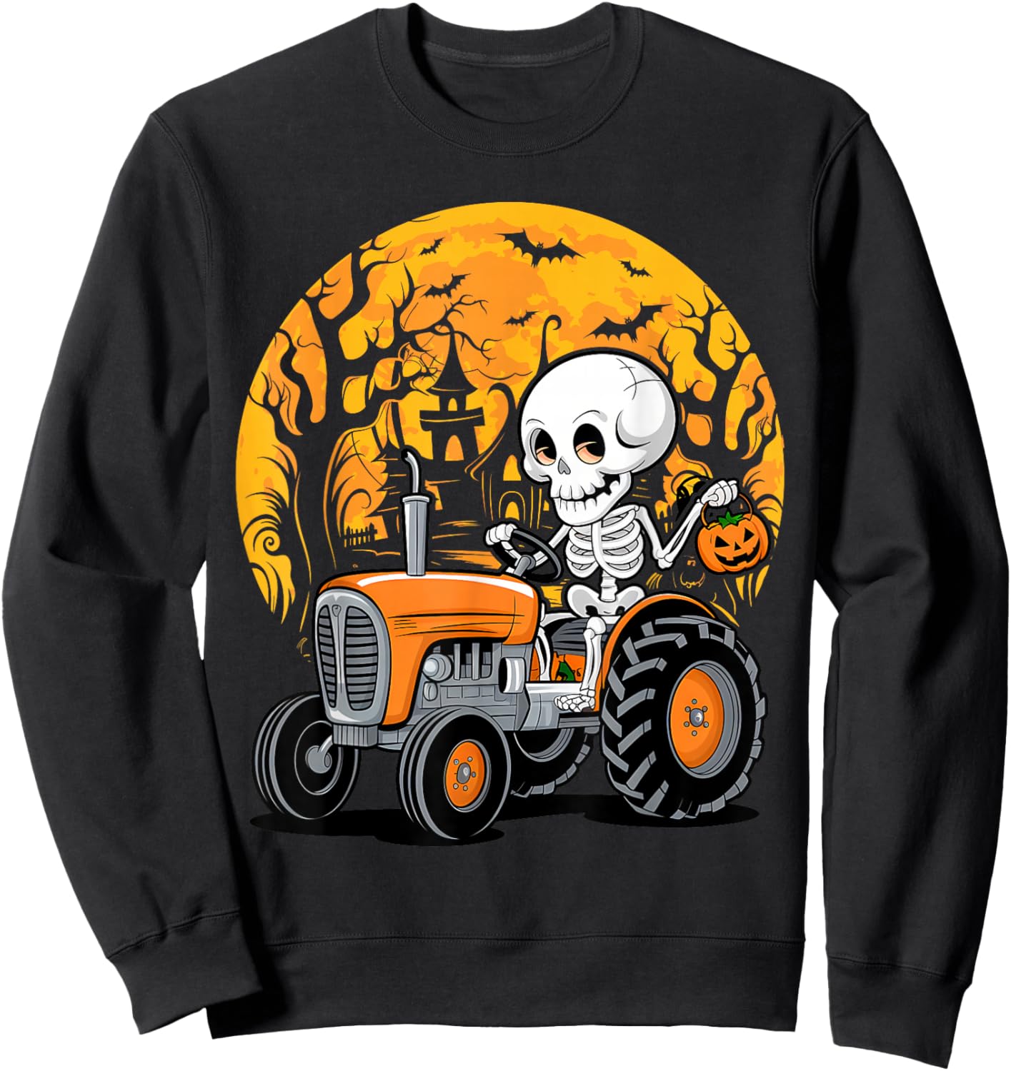 Skeleton Riding Tractor Funny Halloween Sweatshirt - Sweatshirt | Black