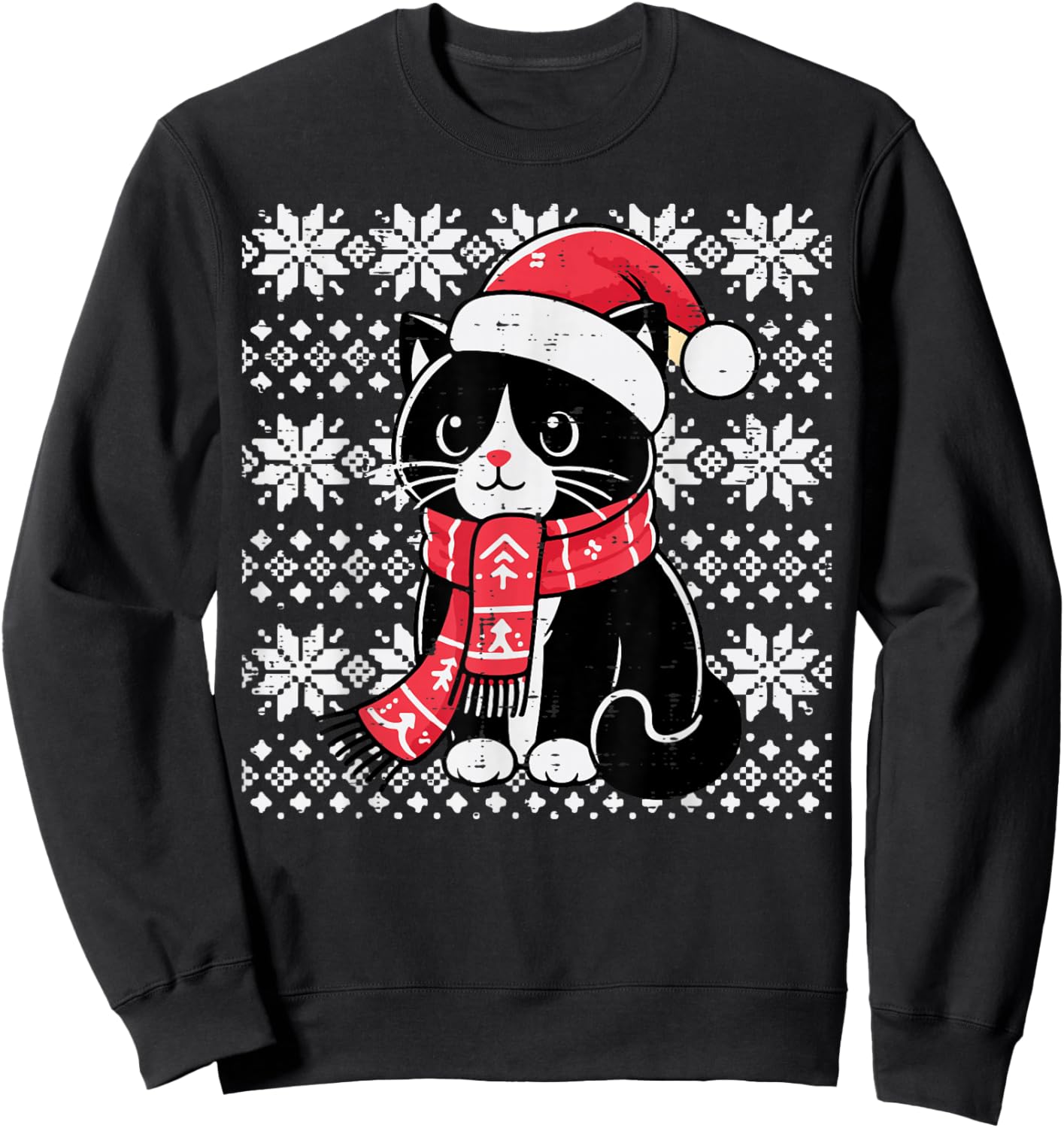 Christmas Tuxedo Cat Santa Scarf Ugly Xmas Women Girls Kids Sweatshirt - Sweatshirt | Black