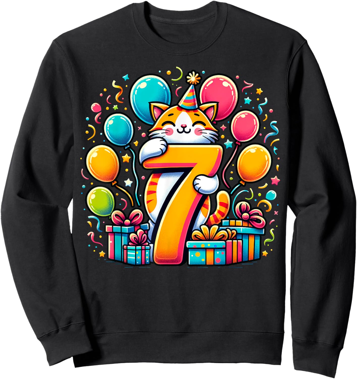 Cat 7th birthday boy girl 7 years old seventh seven Cat Sweatshirt - Sweatshirt | Black