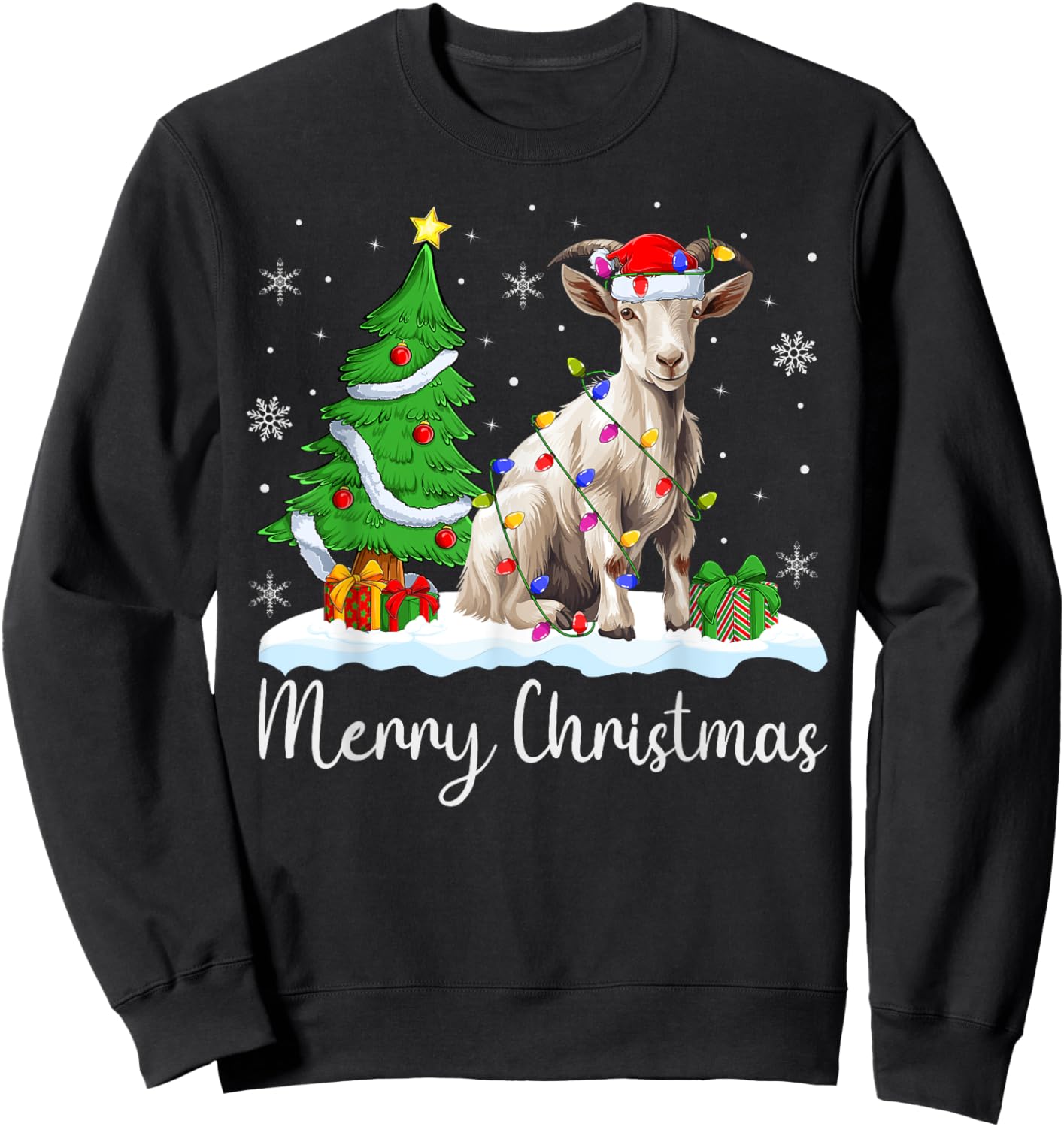 Goat Xmas Lighting Santa Hat Goat Merry Christmas Tree Sweatshirt - Sweatshirt | Black